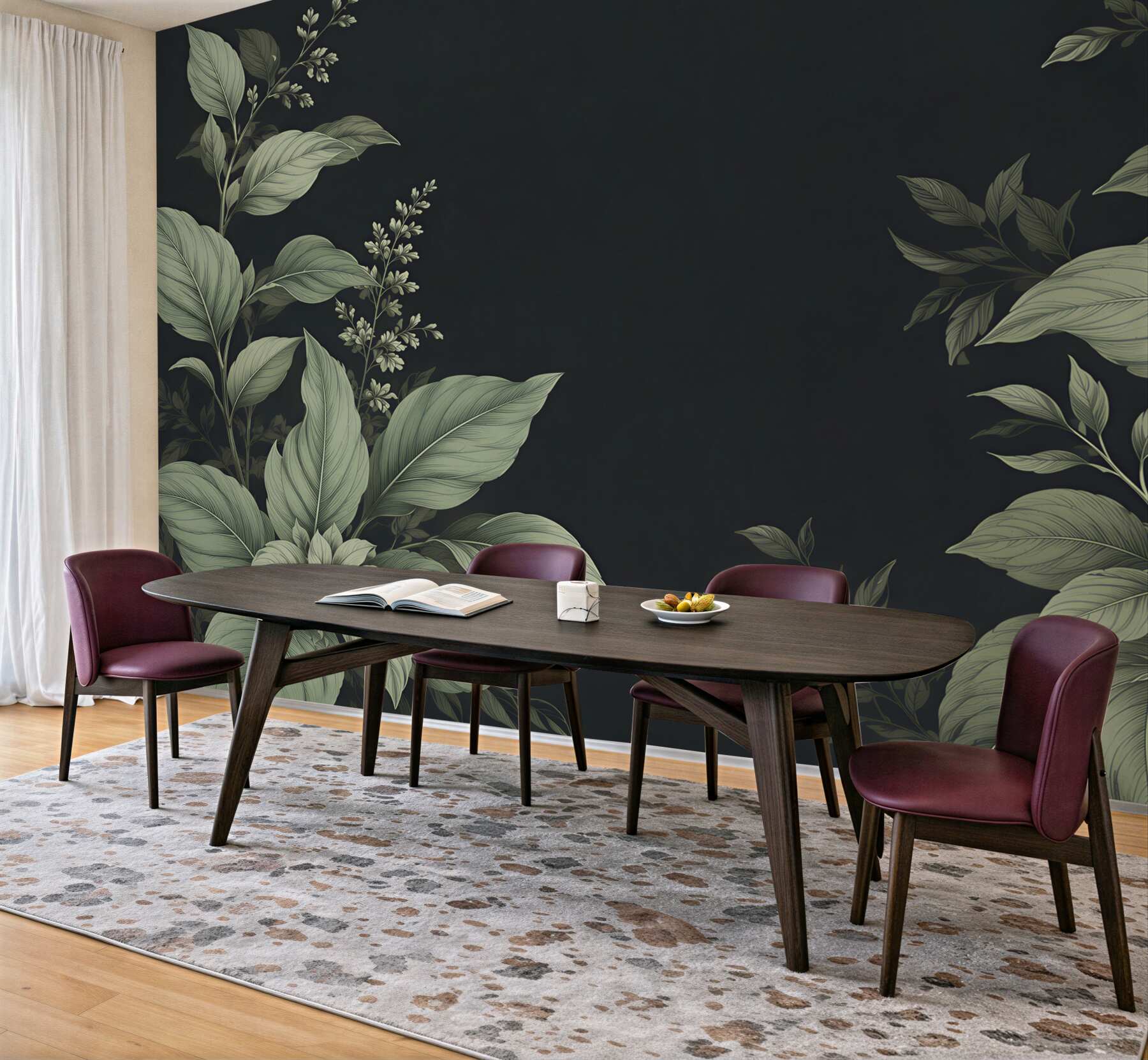 Fototapeta botaniczne liście i kwiaty na ciemnym tle elegancka?v23