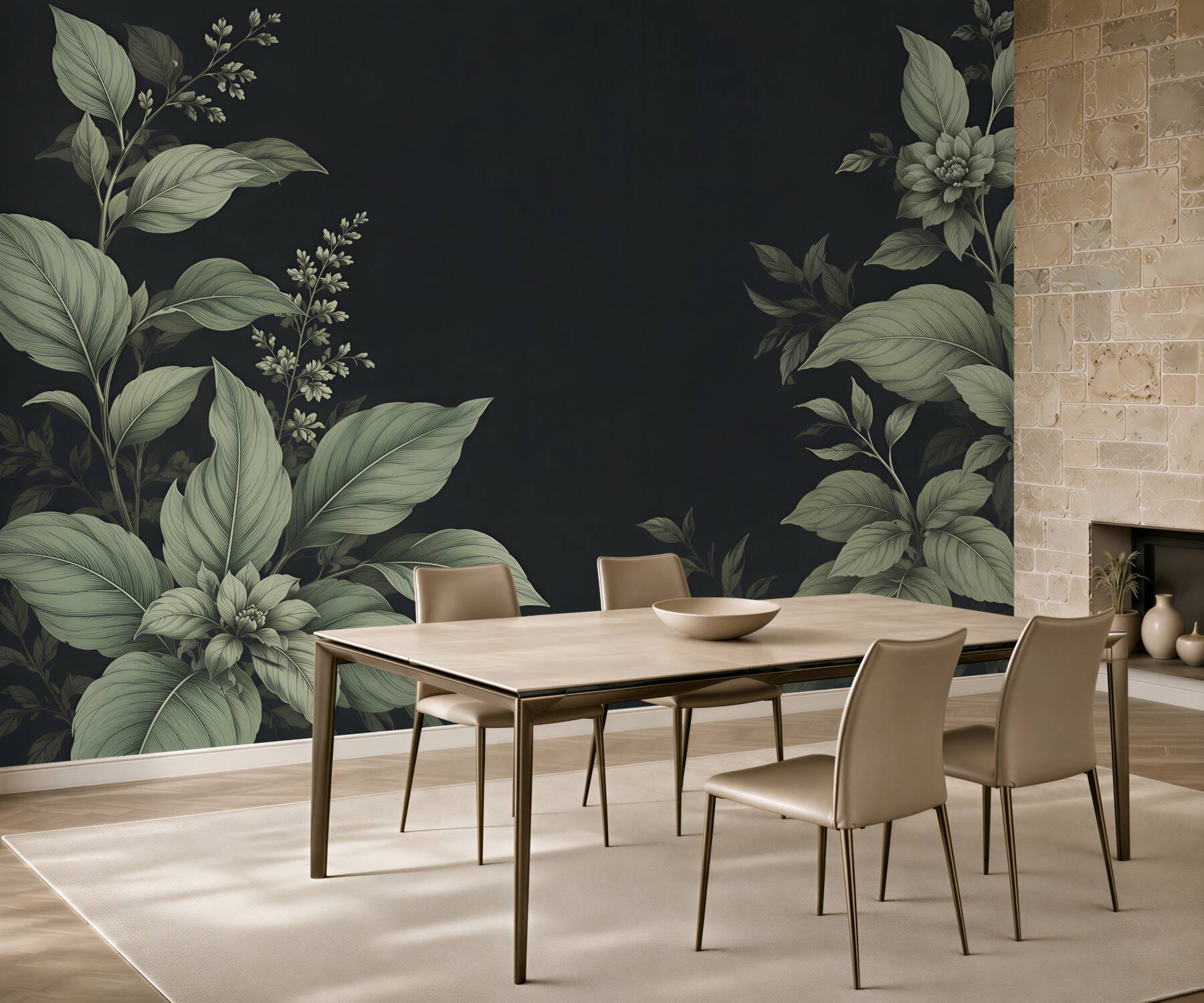 Fototapeta botaniczne liście i kwiaty na ciemnym tle elegancka?v23