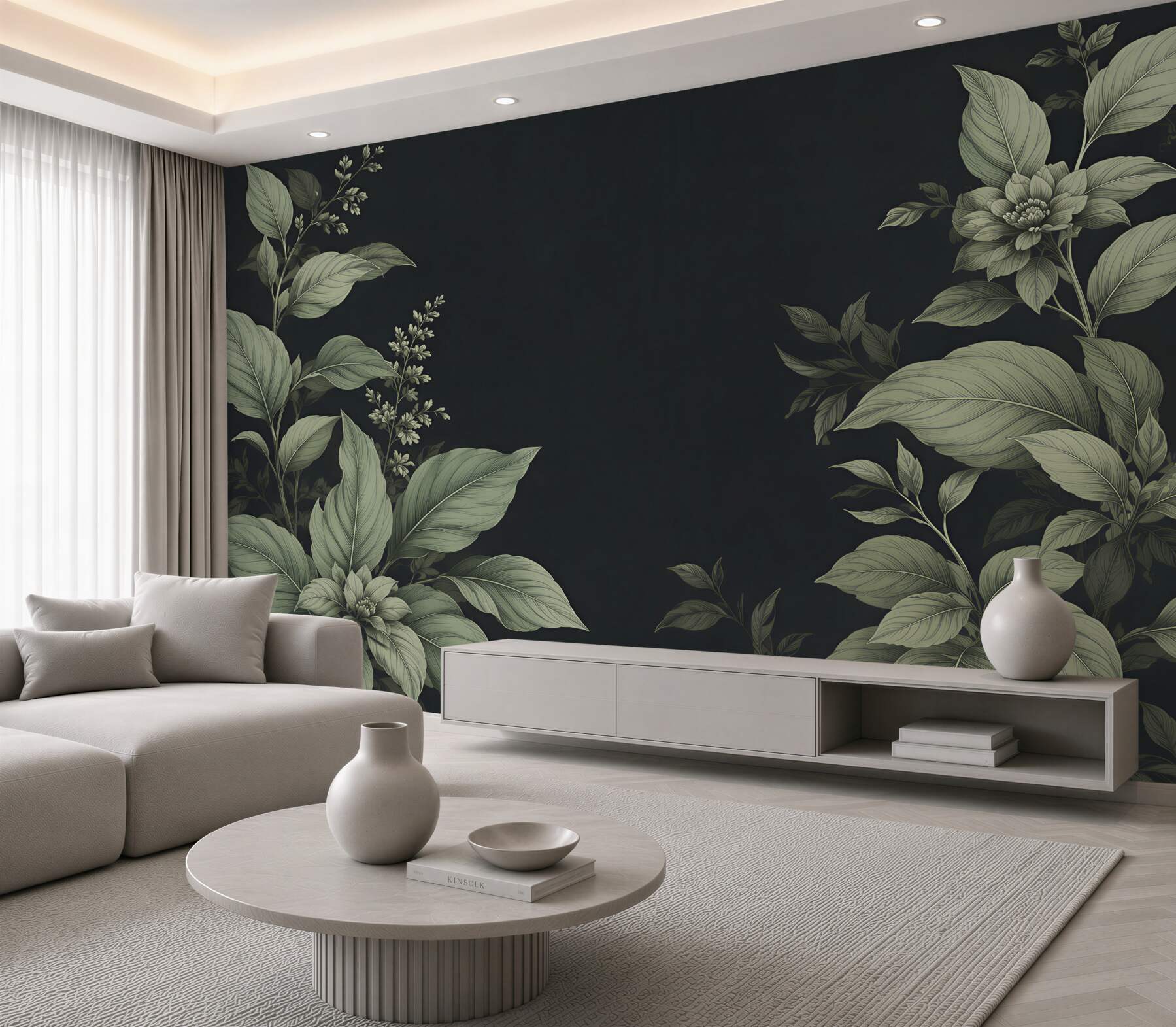 Fototapeta botaniczne liście i kwiaty na ciemnym tle elegancka?v23