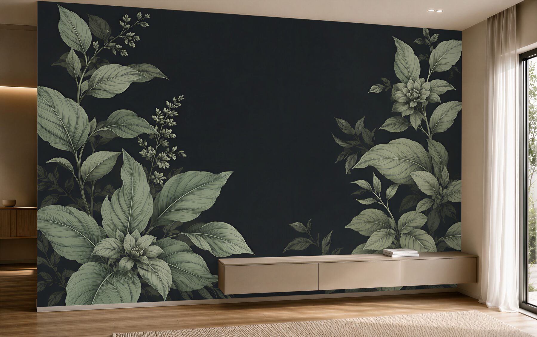 Fototapeta botaniczne liście i kwiaty na ciemnym tle elegancka?v23