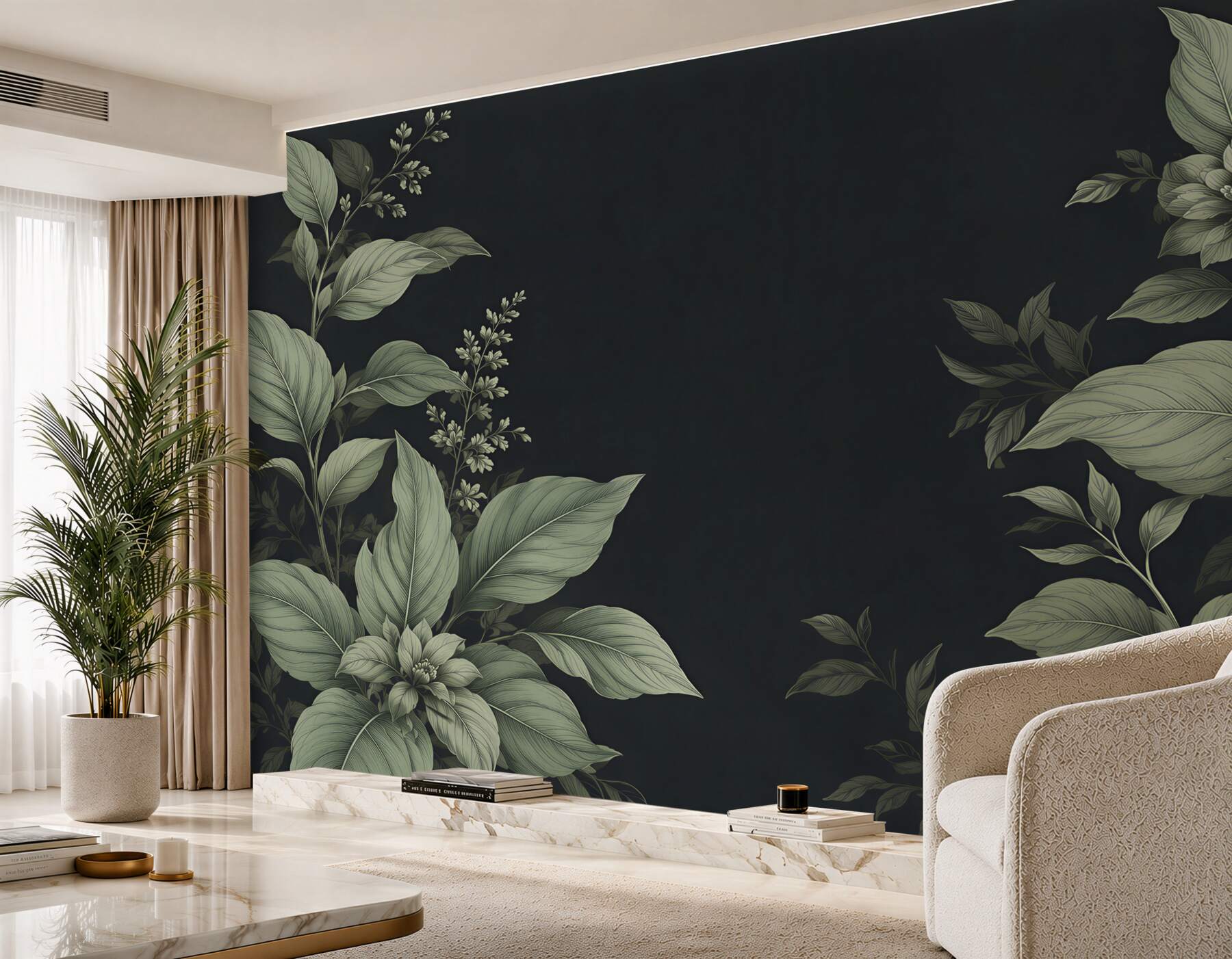 Fototapeta botaniczne liście i kwiaty na ciemnym tle elegancka?v23