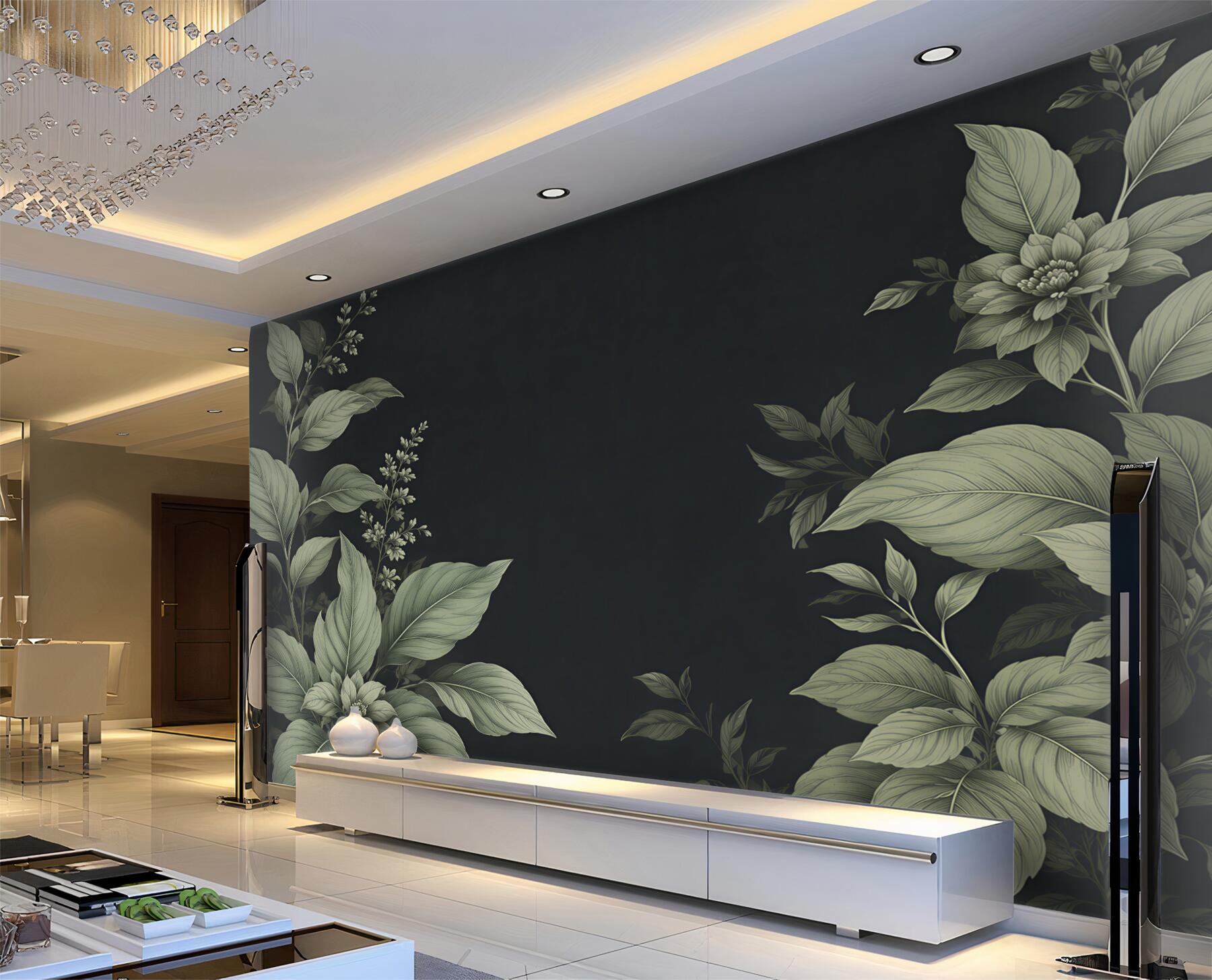 Fototapeta botaniczne liście i kwiaty na ciemnym tle elegancka?v23