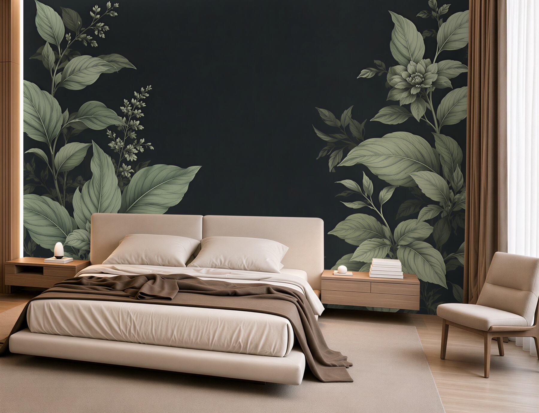 Fototapeta botaniczne liście i kwiaty na ciemnym tle elegancka?v23