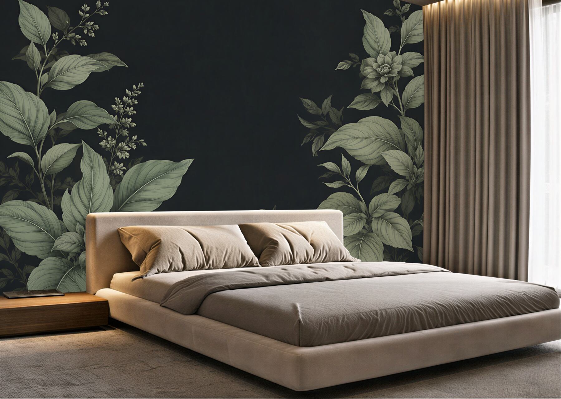 Fototapeta botaniczne liście i kwiaty na ciemnym tle elegancka?v23