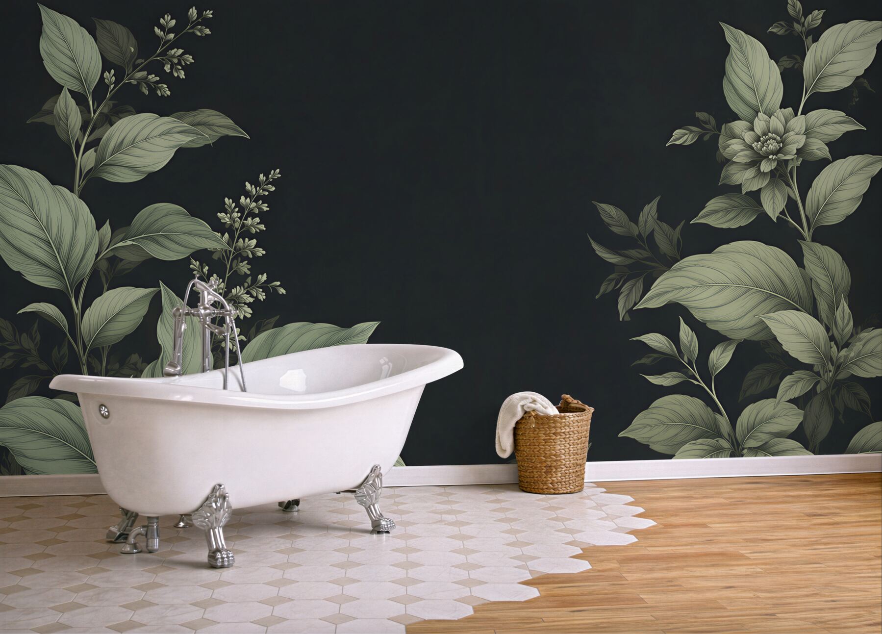 Fototapeta botaniczne liście i kwiaty na ciemnym tle elegancka?v23