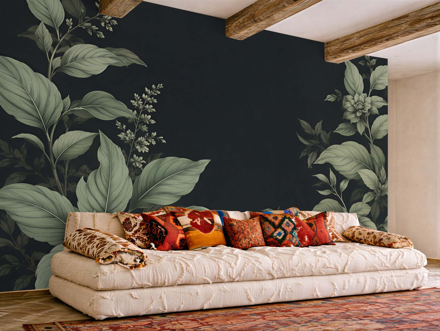 Fototapeta botaniczne liście i kwiaty na ciemnym tle elegancka?v23
