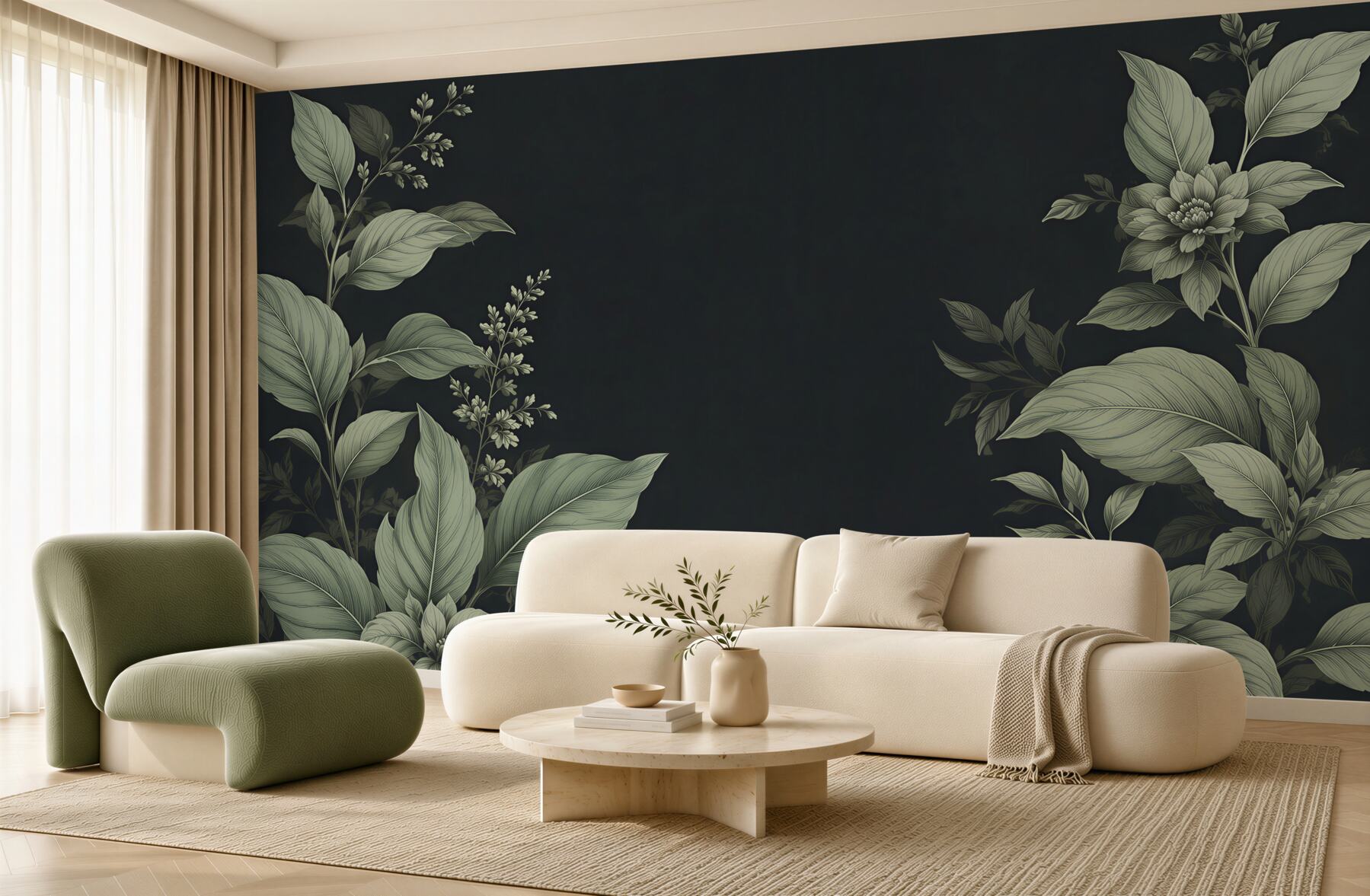Fototapeta botaniczne liście i kwiaty na ciemnym tle elegancka?v23