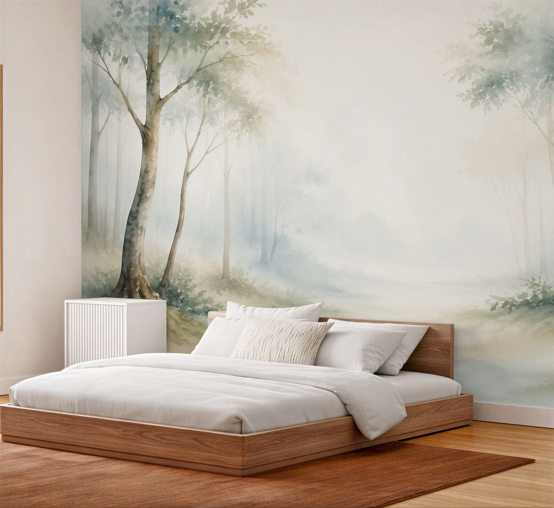 Fototapeta pastelowy las we mgle w błękitno beżowych tonach?v23