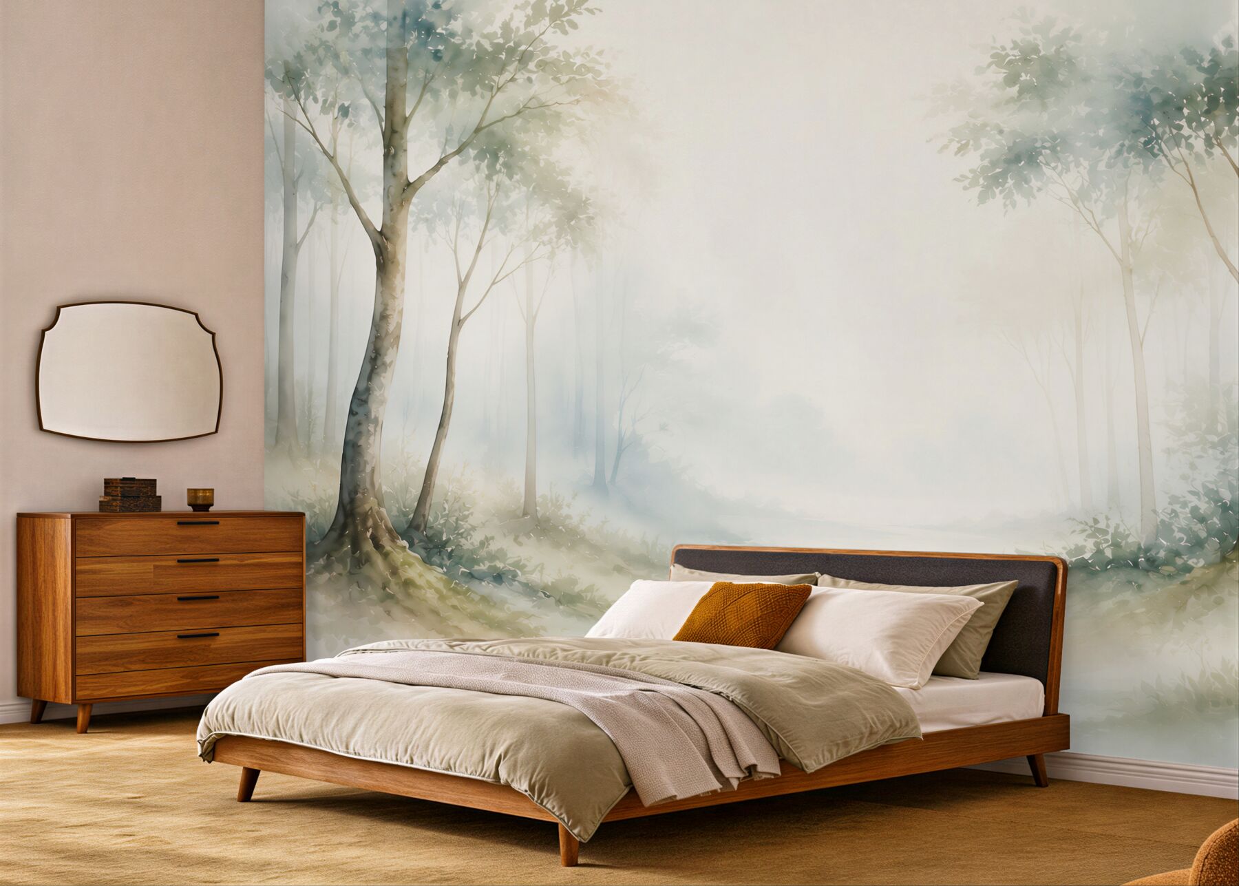 Fototapeta pastelowy las we mgle w błękitno beżowych tonach?v23