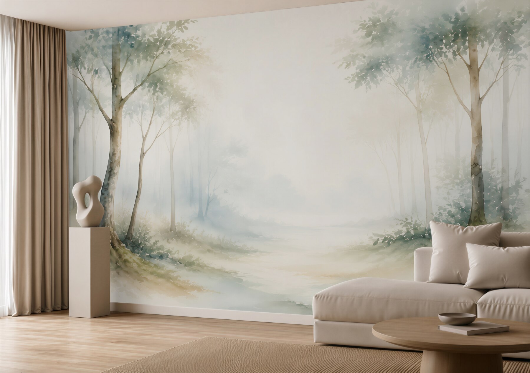 Fototapeta pastelowy las we mgle w błękitno beżowych tonach?v23