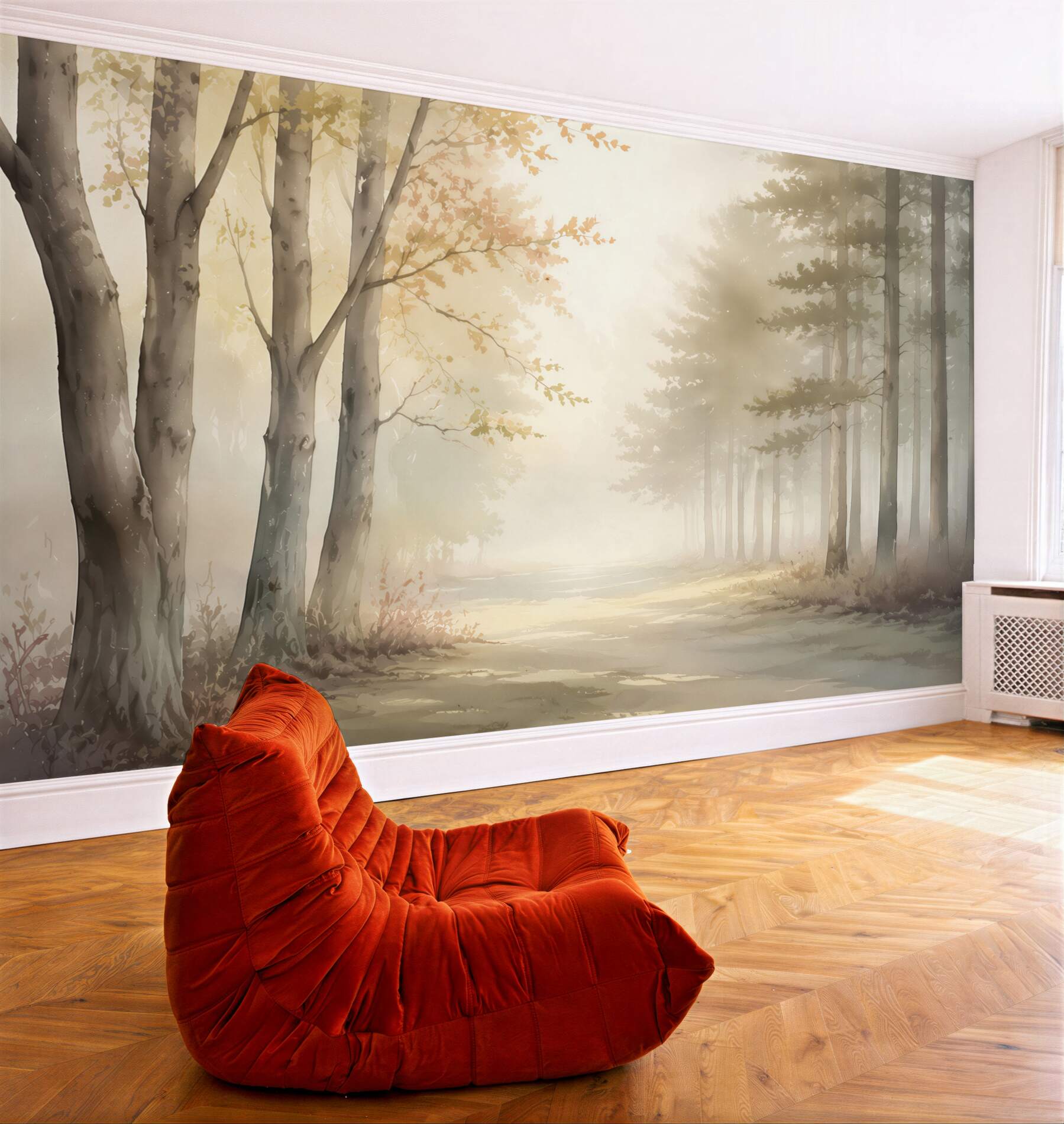 Fototapeta mglisty leśny poranek z promieniami słońca w beżowych tonach?v23