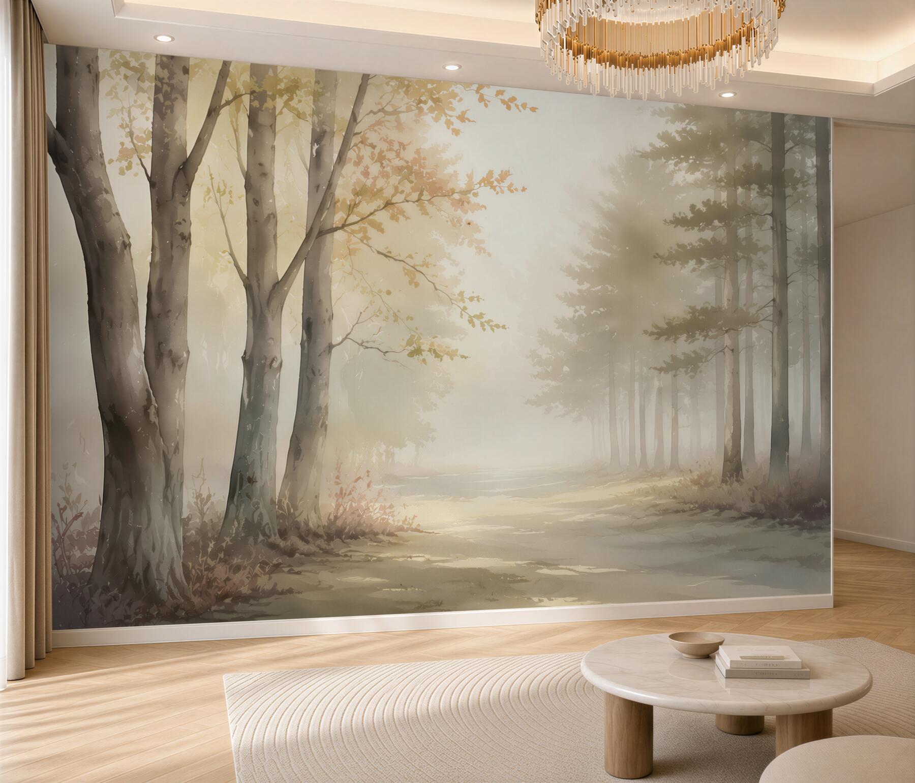 Fototapeta mglisty leśny poranek z promieniami słońca w beżowych tonach?v23