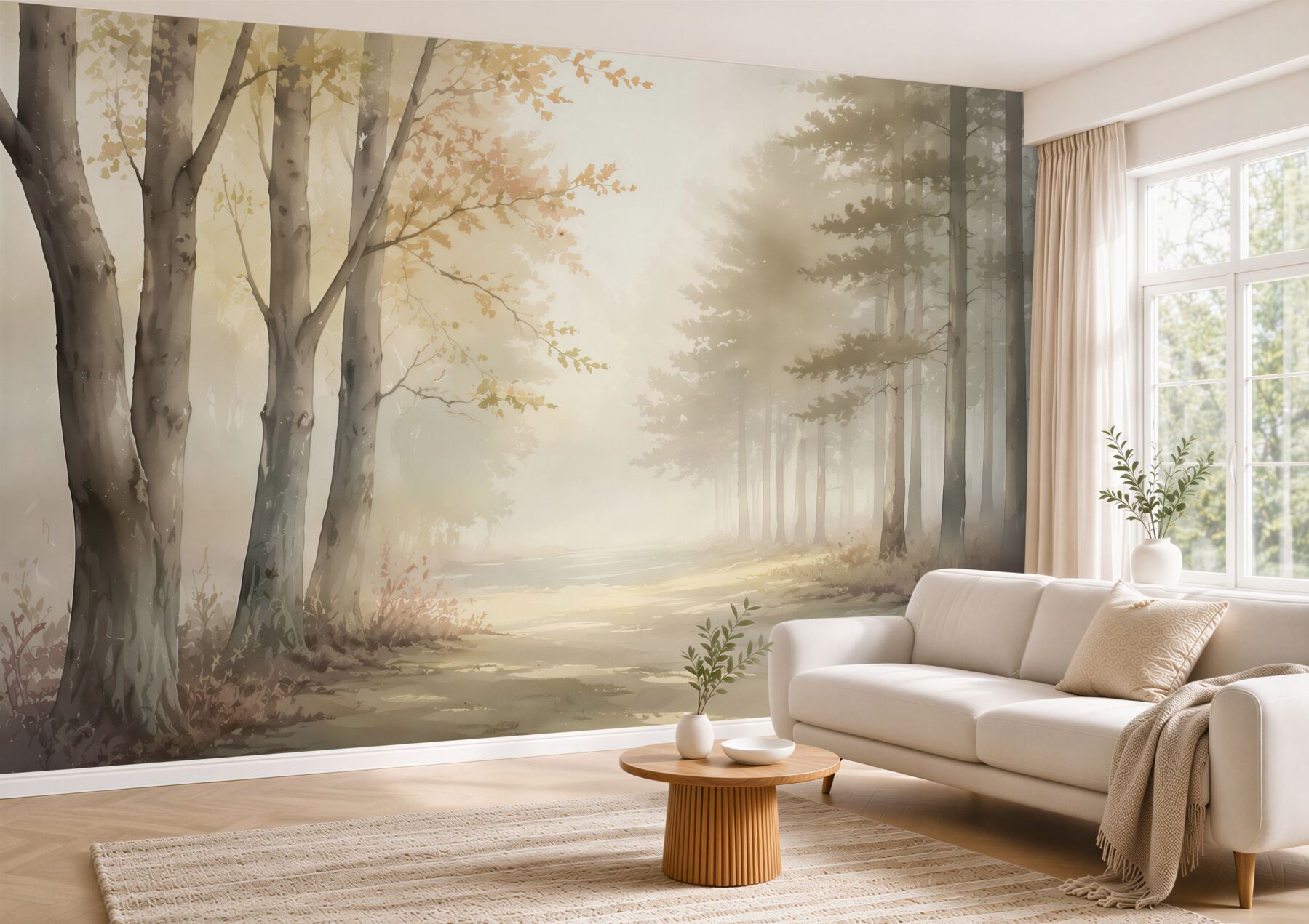 Fototapeta mglisty leśny poranek z promieniami słońca w beżowych tonach?v23