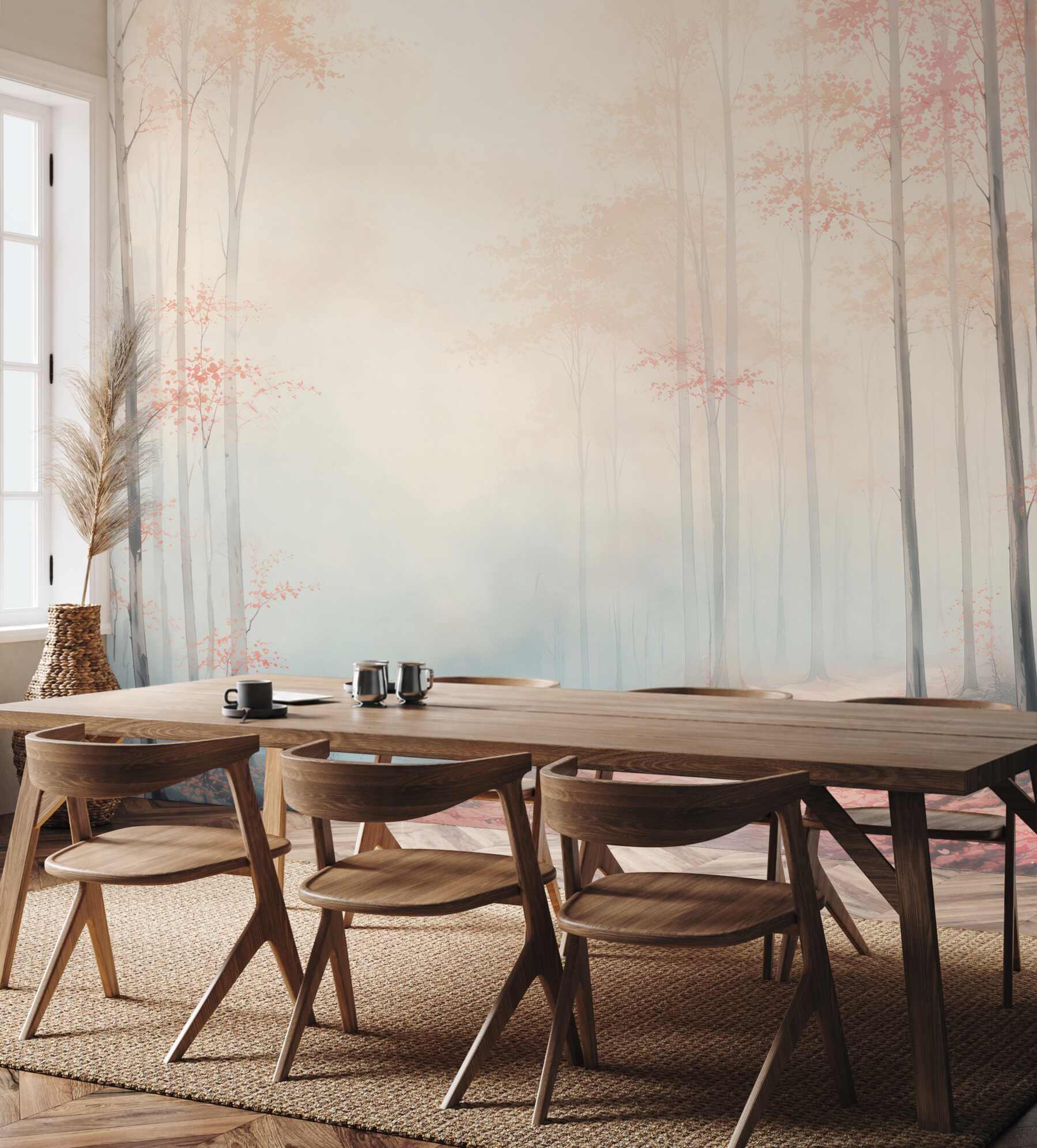 Fototapeta pastelowy las we mgle z różowymi liśćmi i leśną ścieżką?v23