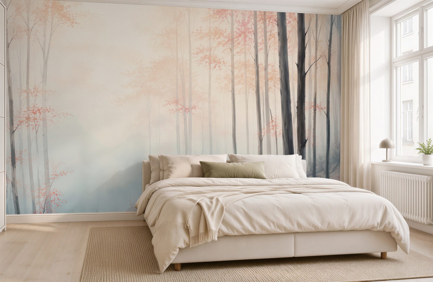 Fototapeta pastelowy las we mgle z różowymi liśćmi i leśną ścieżką?v23