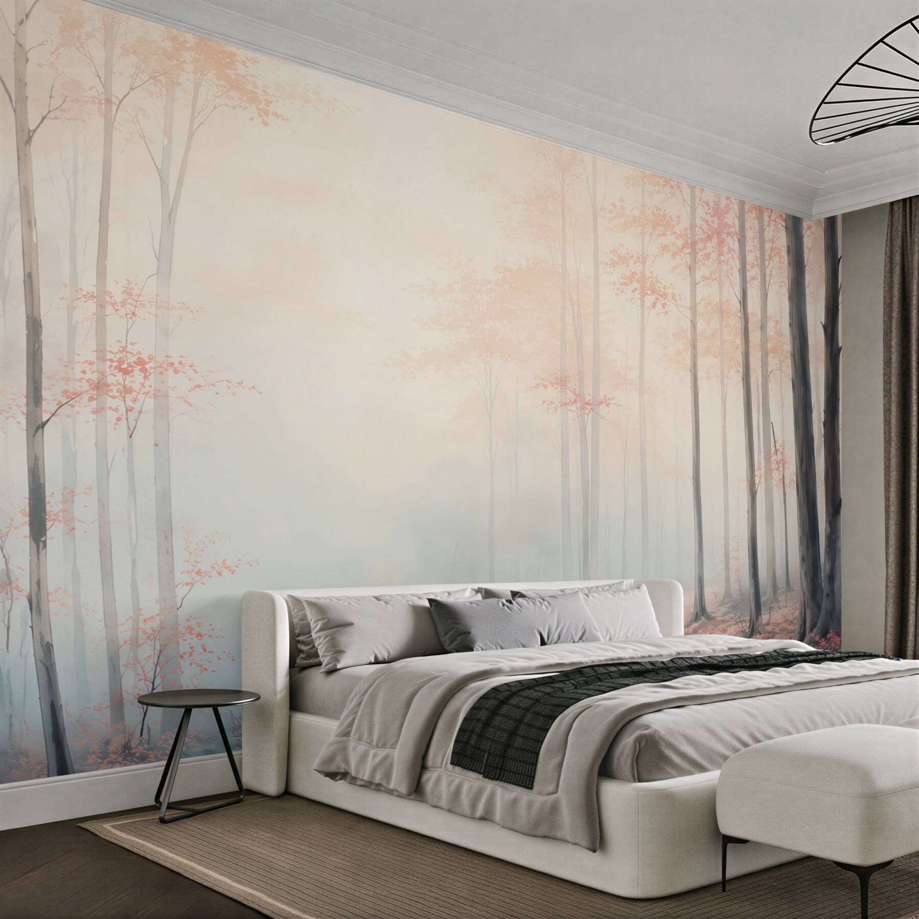 Fototapeta pastelowy las we mgle z różowymi liśćmi i leśną ścieżką?v23