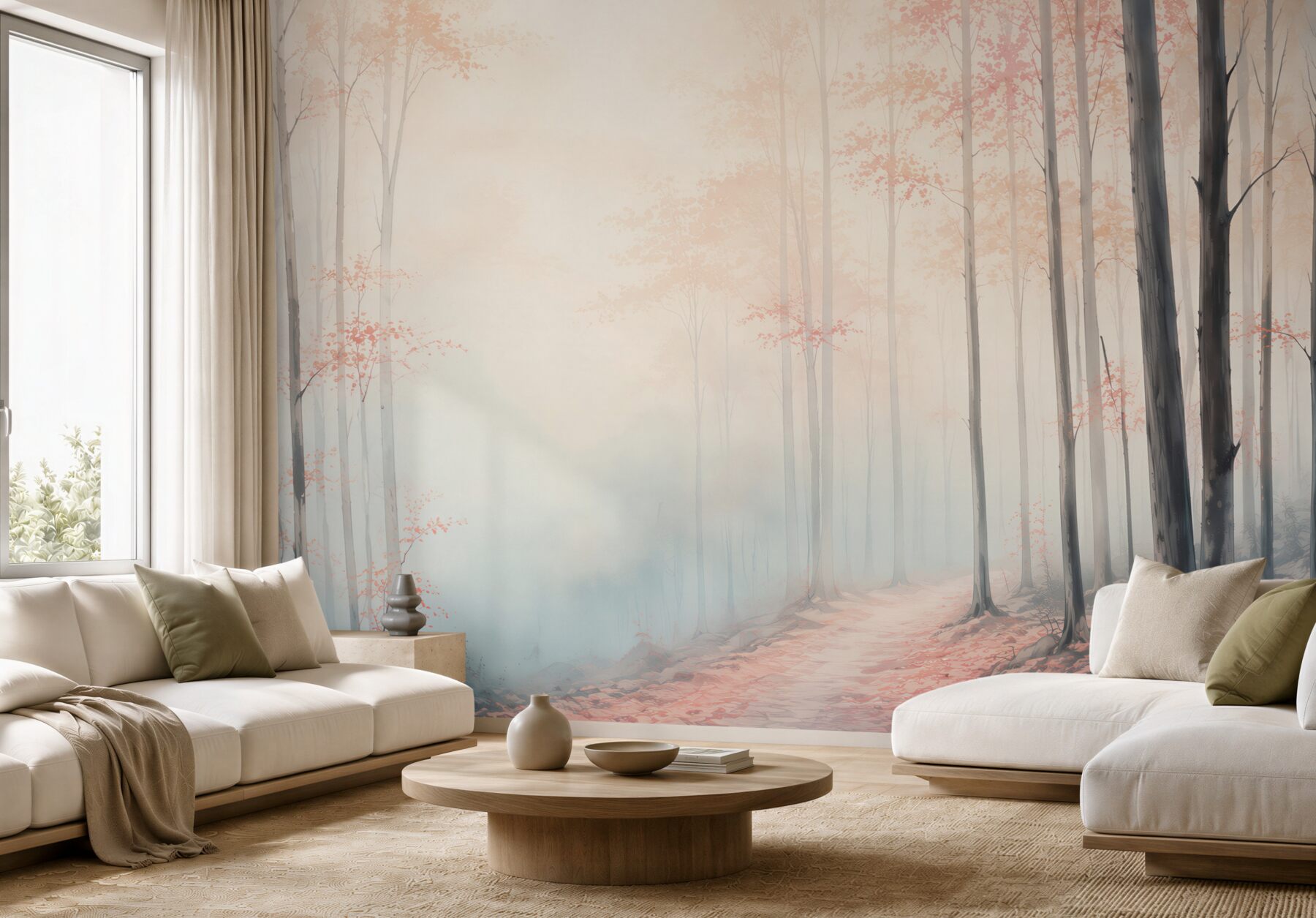 Fototapeta pastelowy las we mgle z różowymi liśćmi i leśną ścieżką?v23