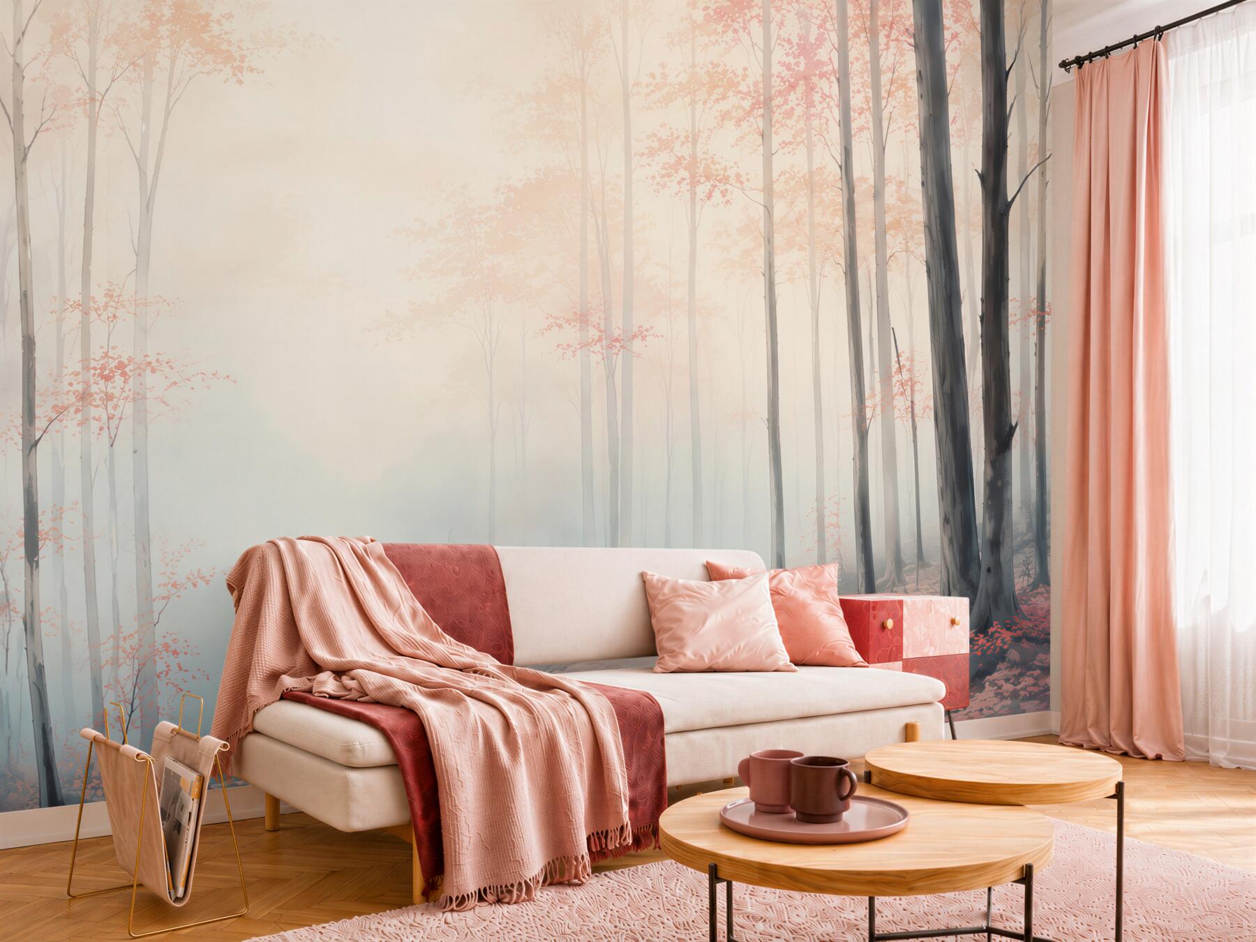 Fototapeta pastelowy las we mgle z różowymi liśćmi i leśną ścieżką?v23