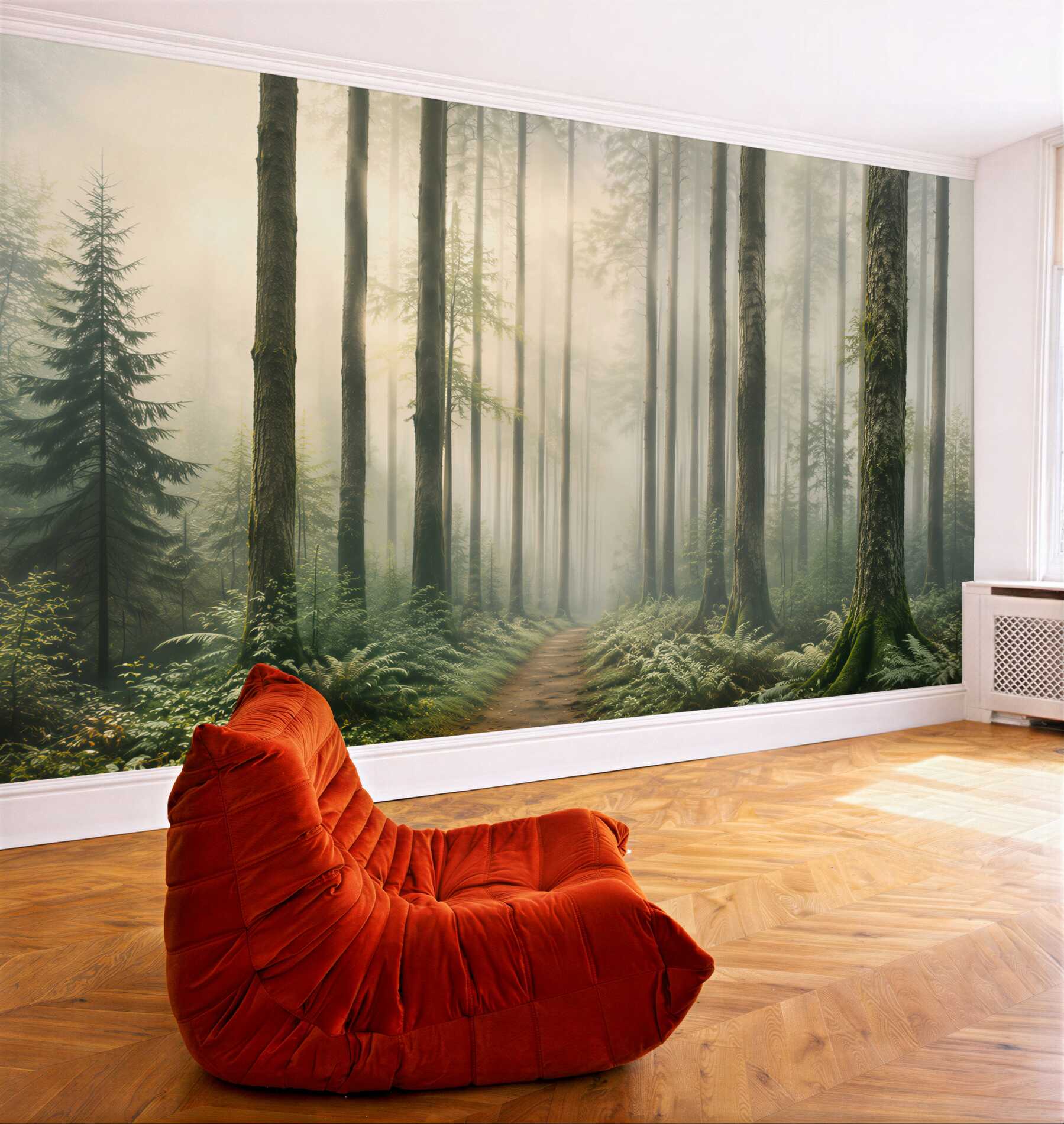Fototapeta leśna ścieżka wśród wysokich drzew z poranną mgłą?v23