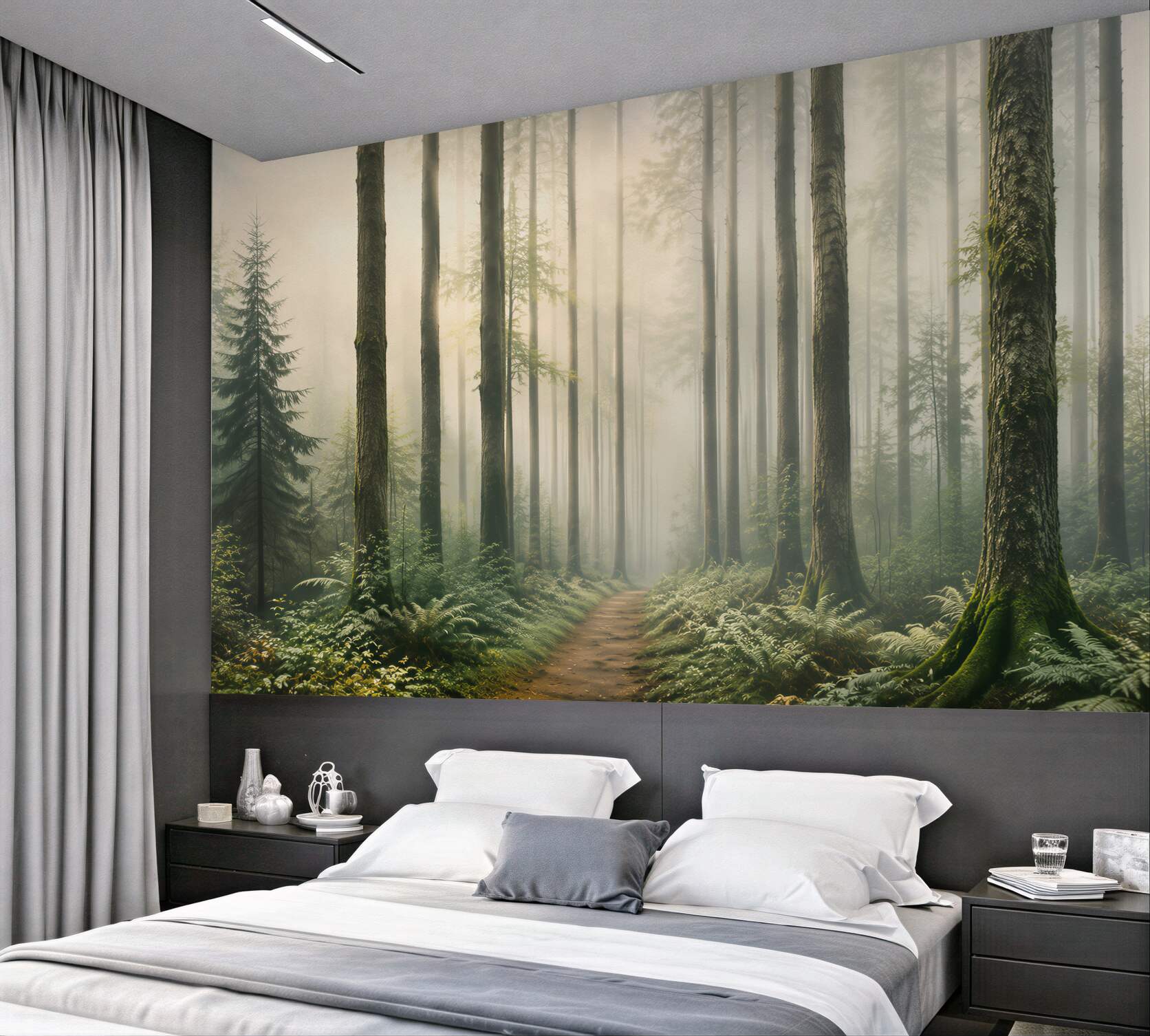 Fototapeta leśna ścieżka wśród wysokich drzew z poranną mgłą?v23