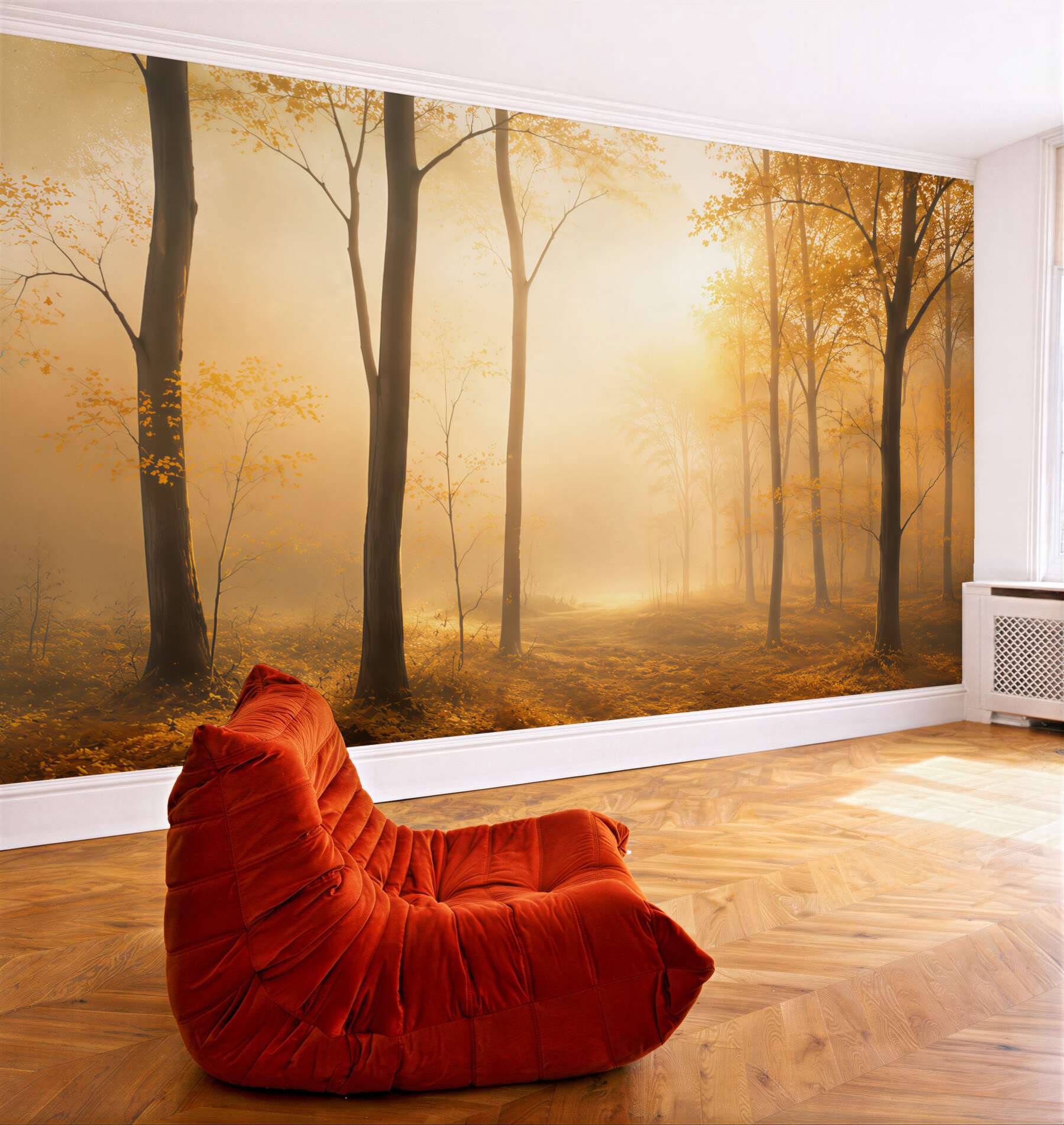 Fototapeta jesienny las w złotym świetle z ciepłą mgłą?v23