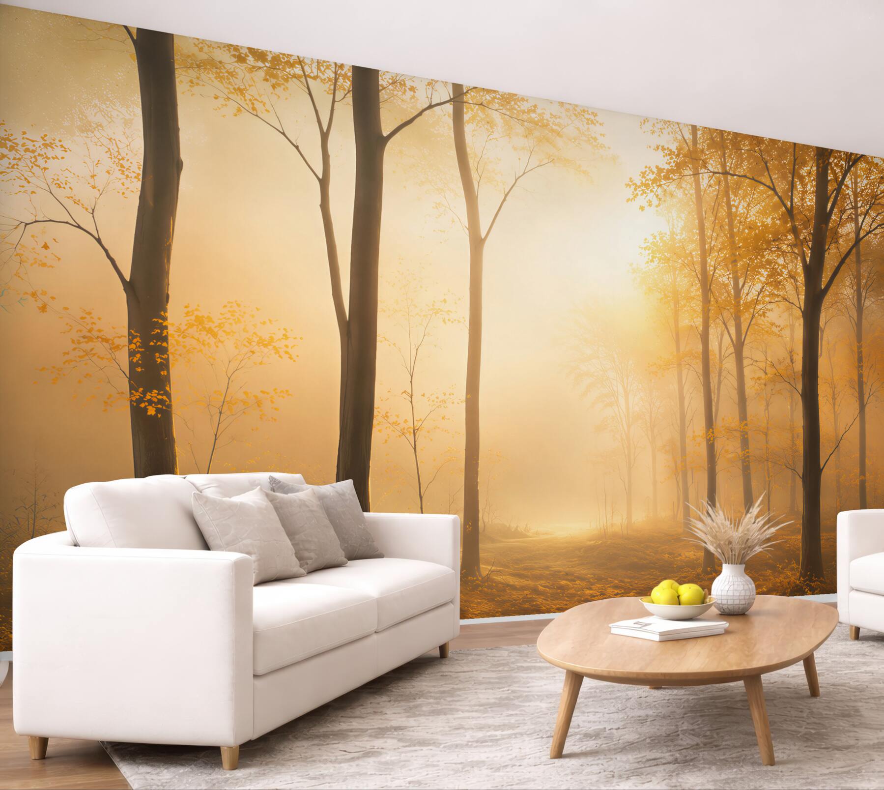 Fototapeta jesienny las w złotym świetle z ciepłą mgłą?v23