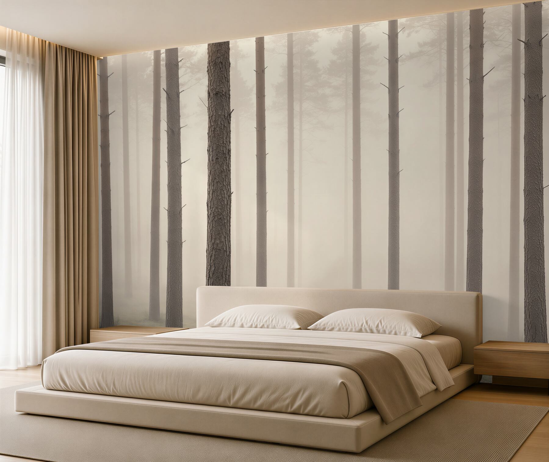 Fototapeta sosnowy las we mgle w beżowych tonach?v23