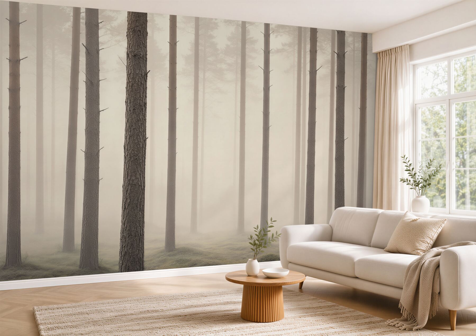 Fototapeta sosnowy las we mgle w beżowych tonach?v23