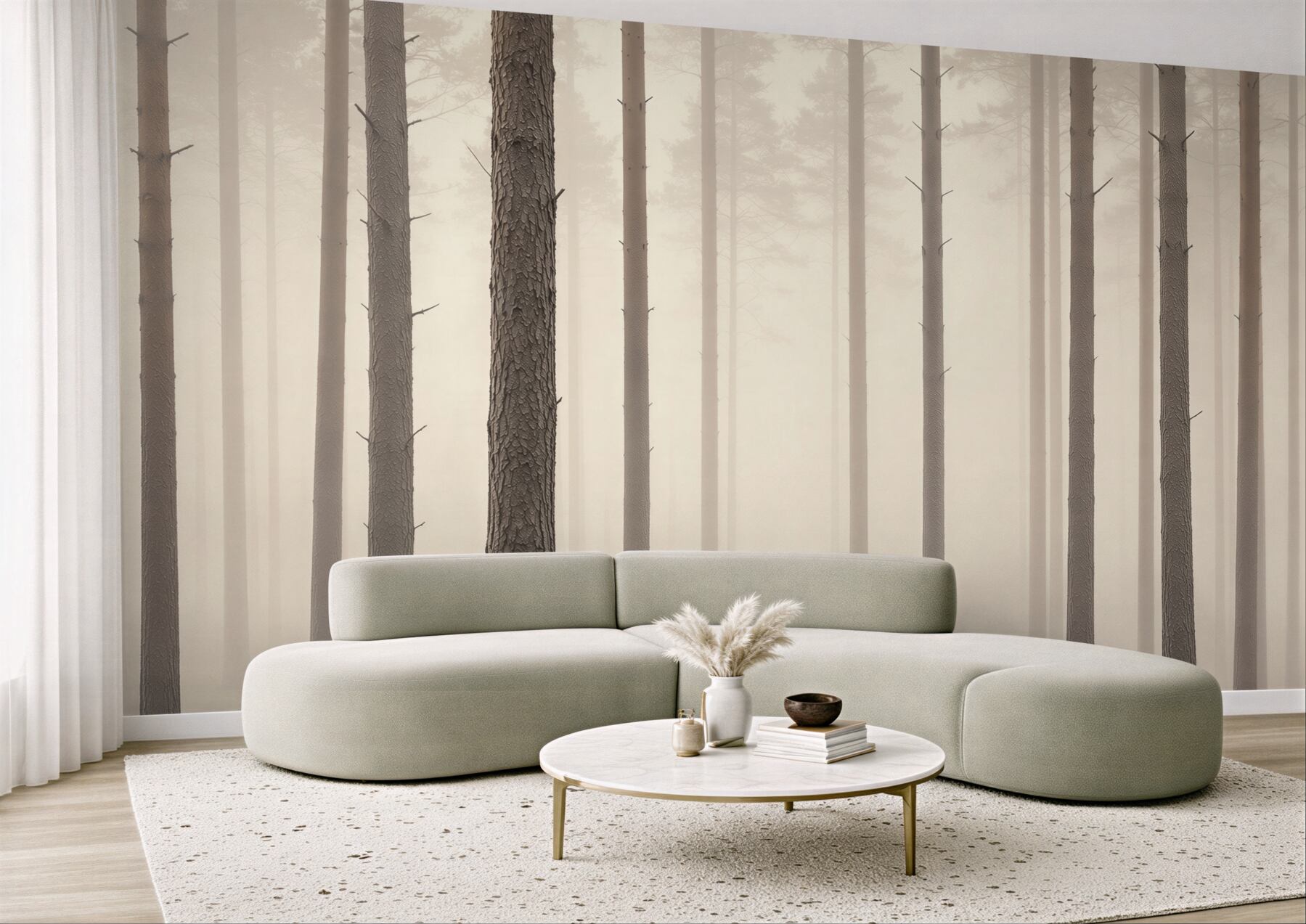 Fototapeta sosnowy las we mgle w beżowych tonach?v23