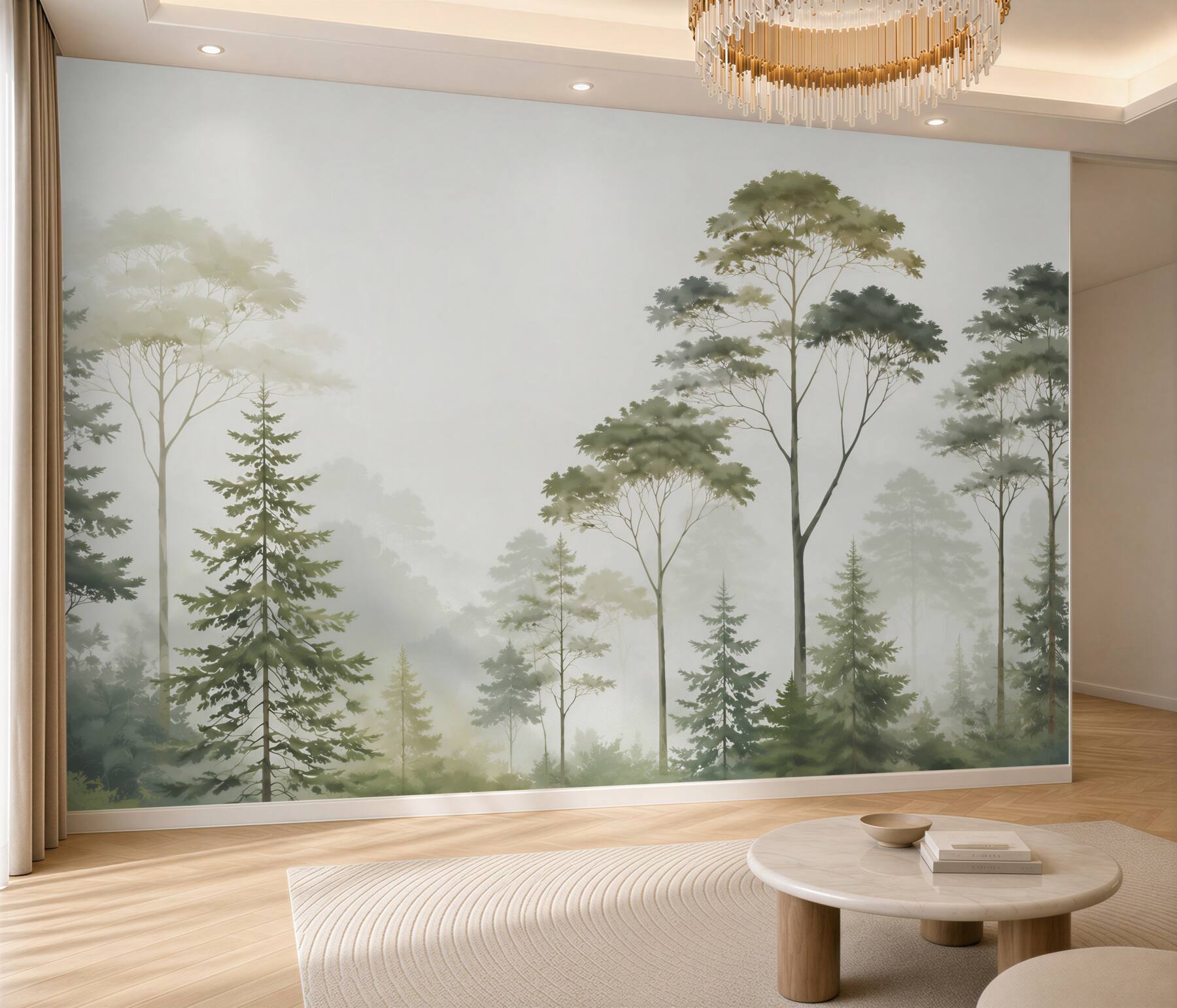 Fototapeta zielony las we mgle w spokojnym naturalnym stylu