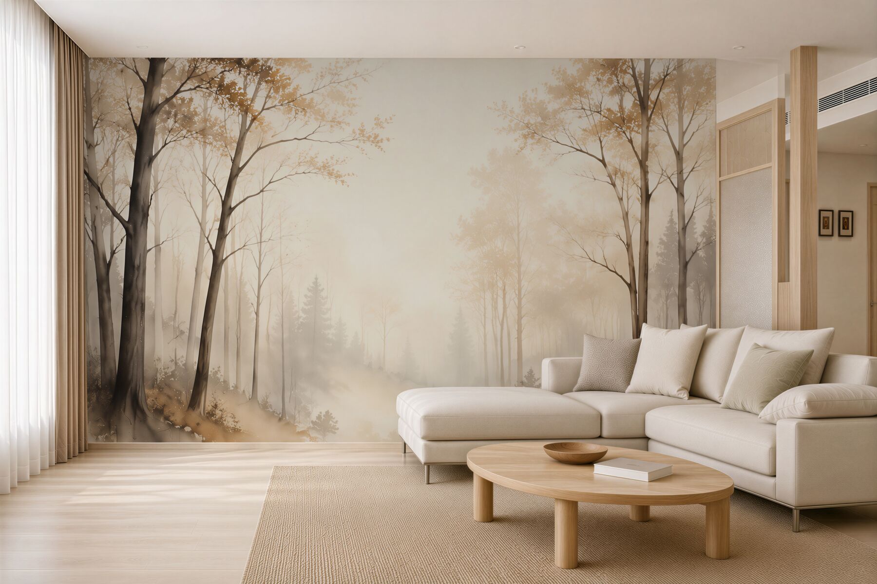Fototapeta mglisty las w beżowych tonach do spokojnego wnętrza?v23