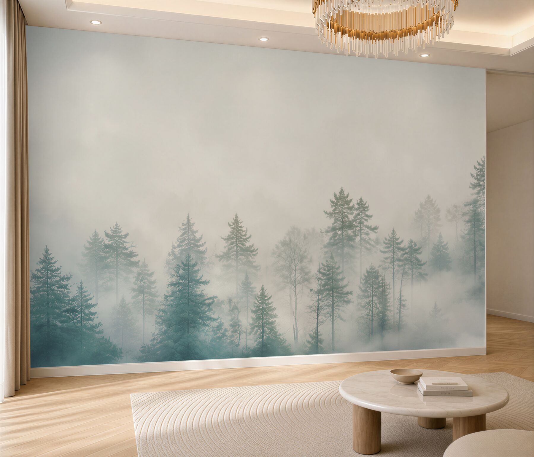 Fototapeta iglasty las we mgle w błękitno beżowych tonach?v23