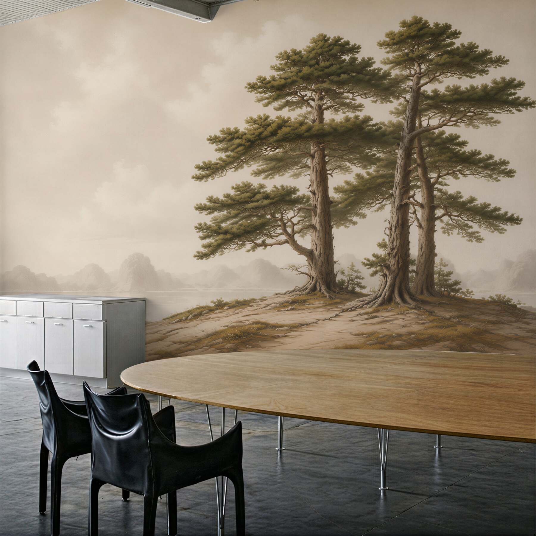 Fototapeta sosny nad jeziorem we mgle spokojny pejzaż?v23