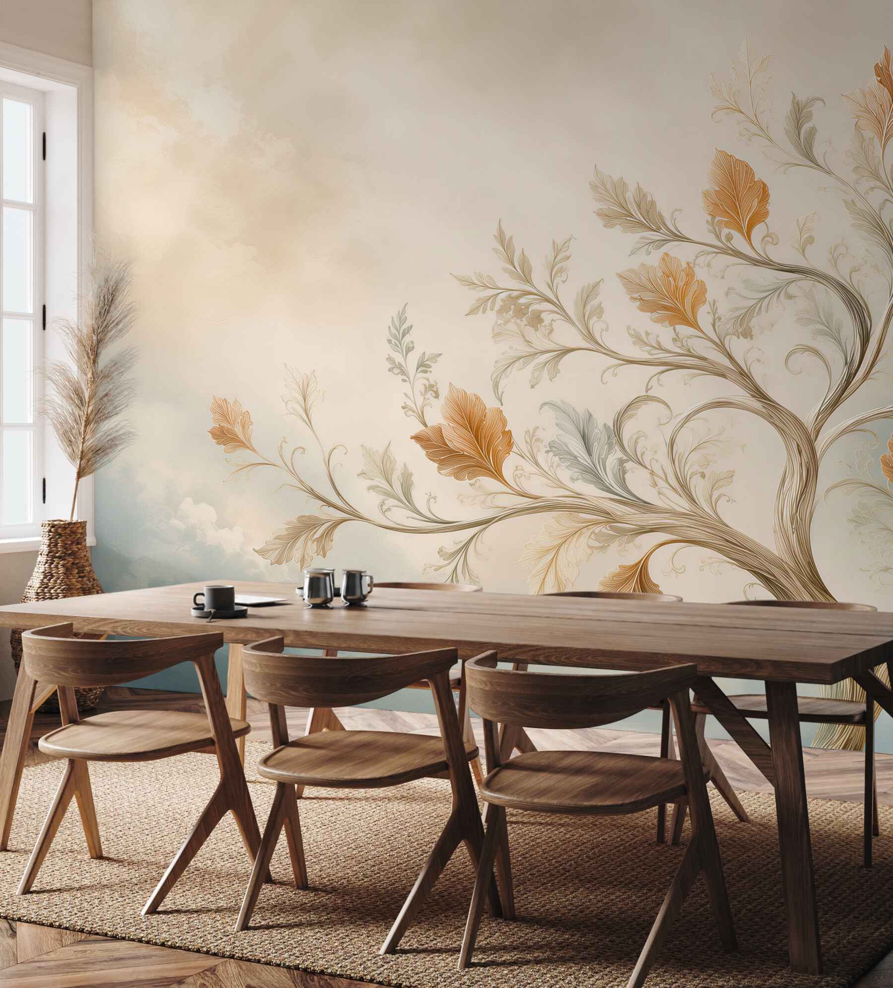 Fototapeta dekoracyjne drzewo z liśćmi w beżu i błękicie elegancka?v23