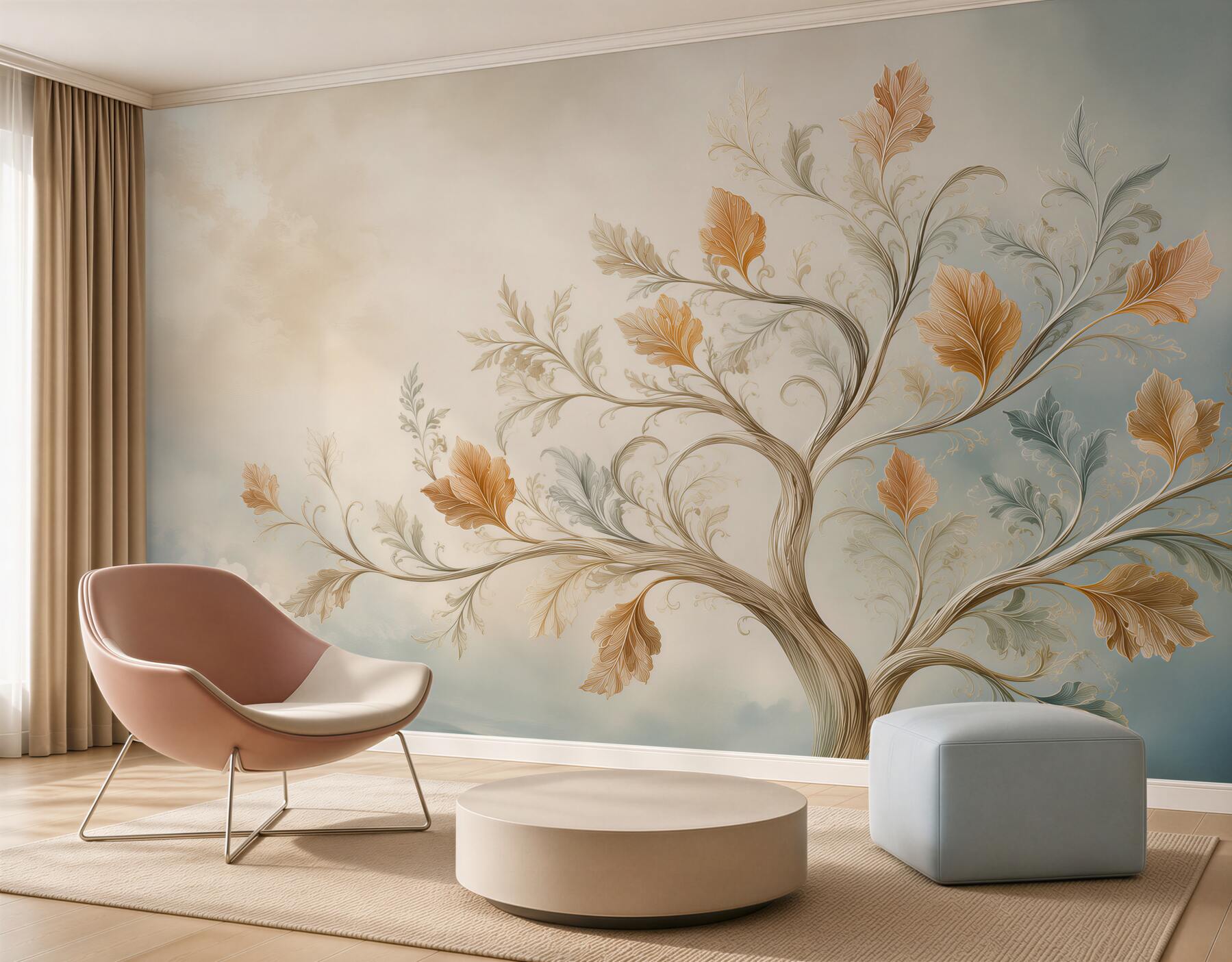 Fototapeta dekoracyjne drzewo z liśćmi w beżu i błękicie elegancka?v23