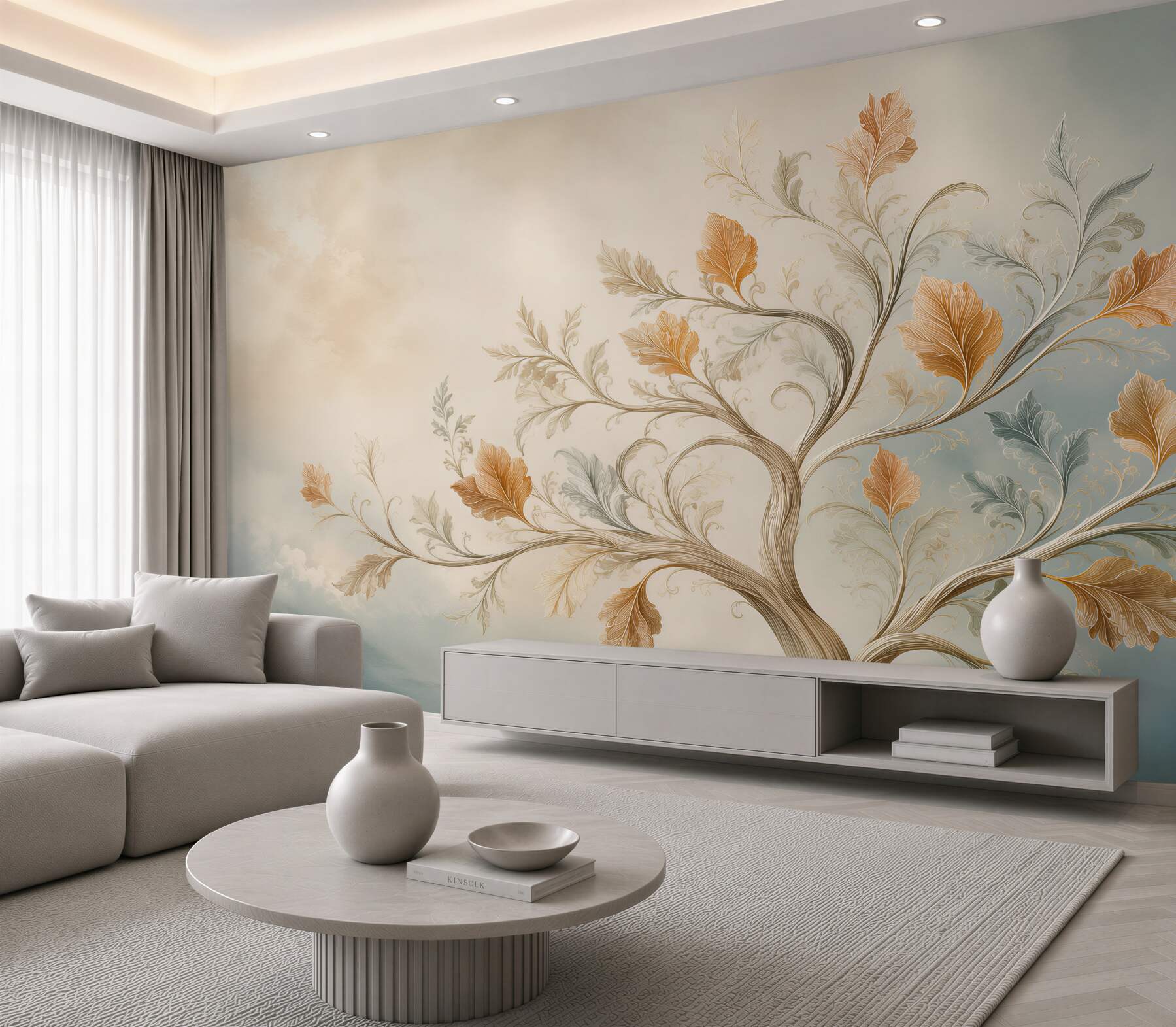 Fototapeta dekoracyjne drzewo z liśćmi w beżu i błękicie elegancka?v23