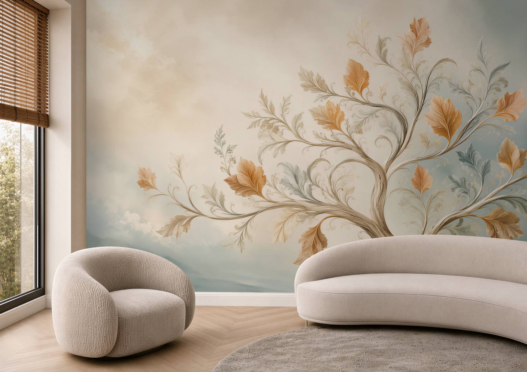 Fototapeta dekoracyjne drzewo z liśćmi w beżu i błękicie elegancka?v23