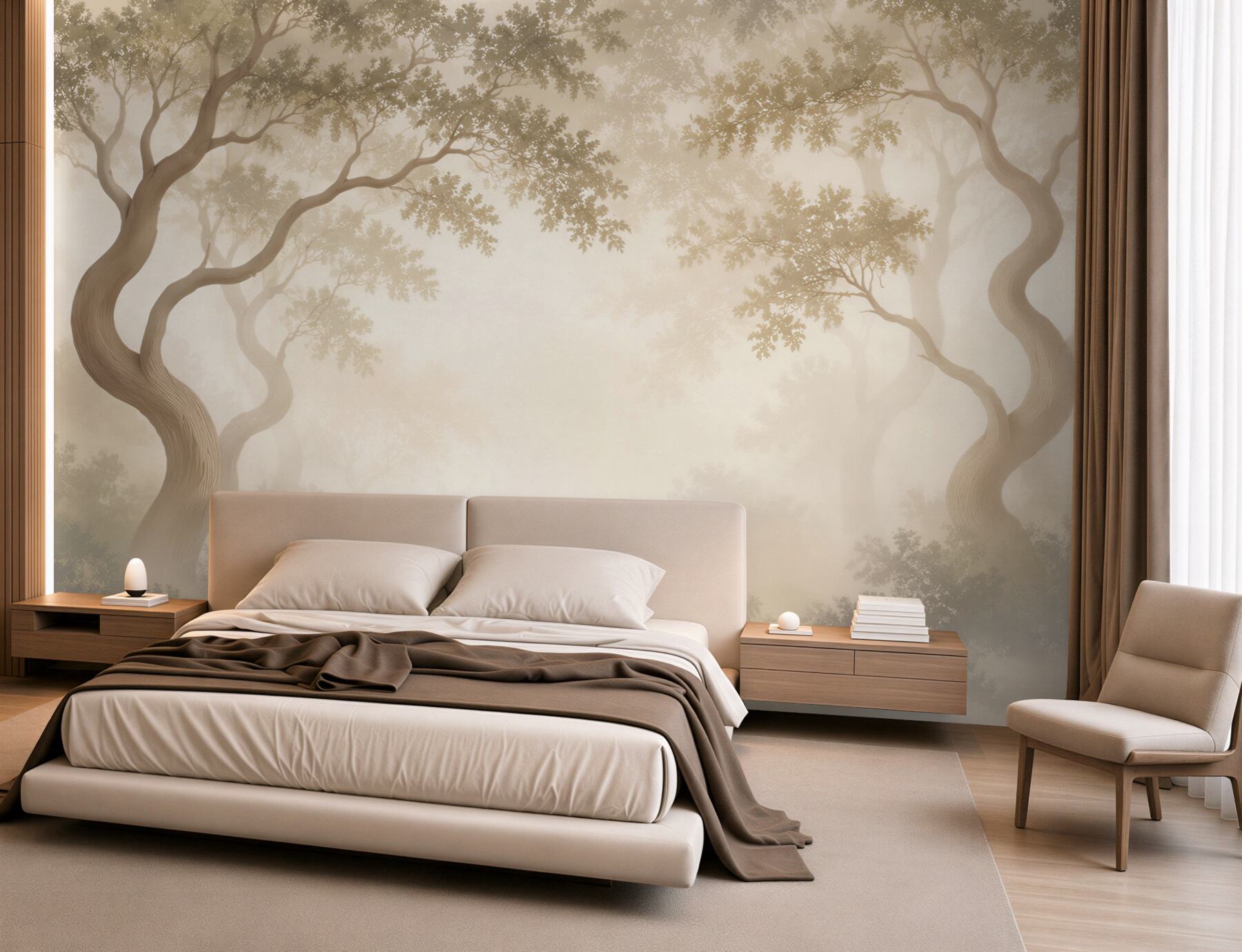 Fototapeta mglisty las z wijącymi się drzewami w beżowych tonach?v23