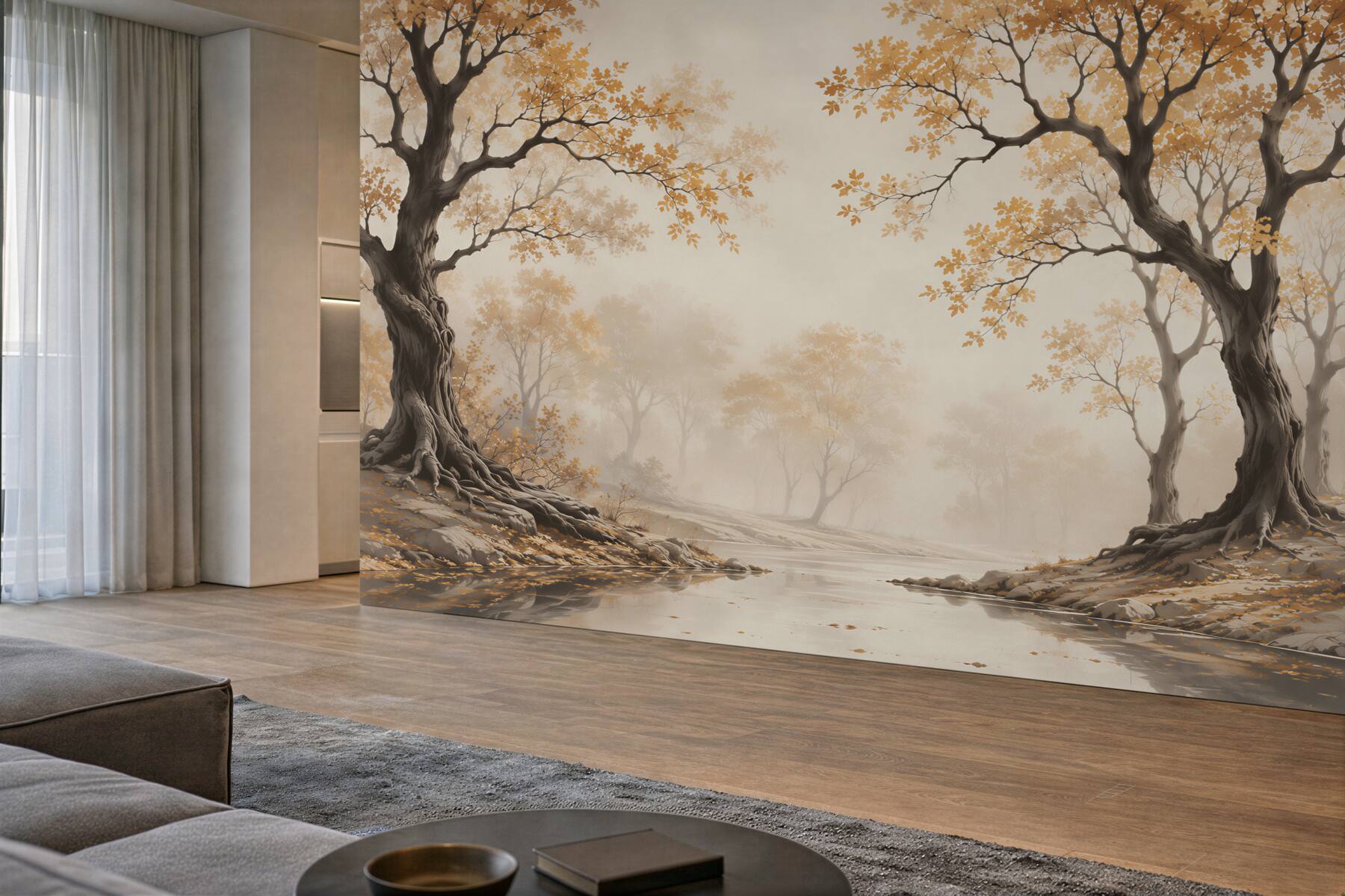 Fototapeta jesienny las nad spokojną rzeką w złotych odcieniach?v23