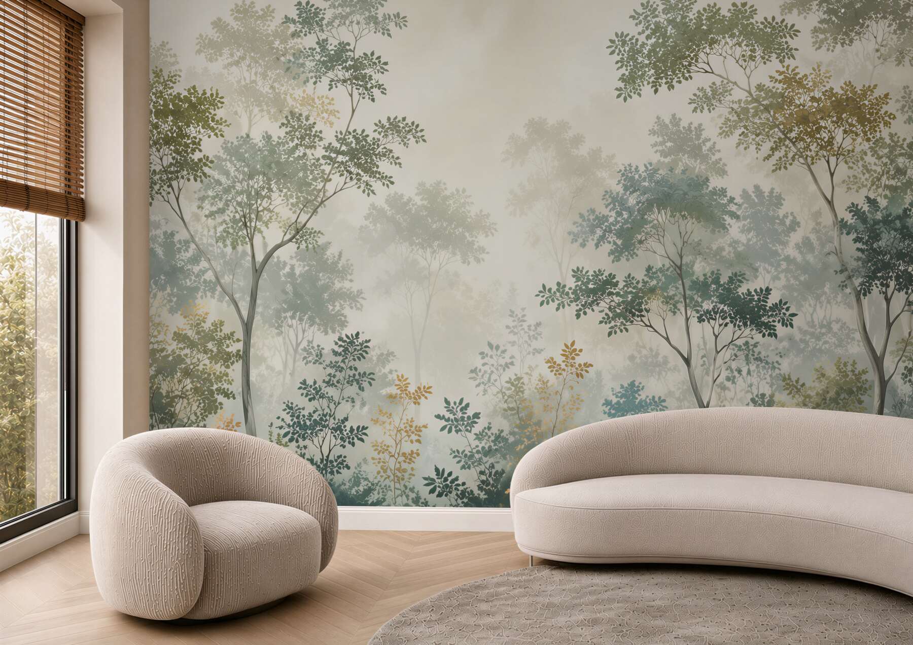 Fototapeta leśny pejzaż z delikatnymi drzewami w zielono beżowych tonach?v23