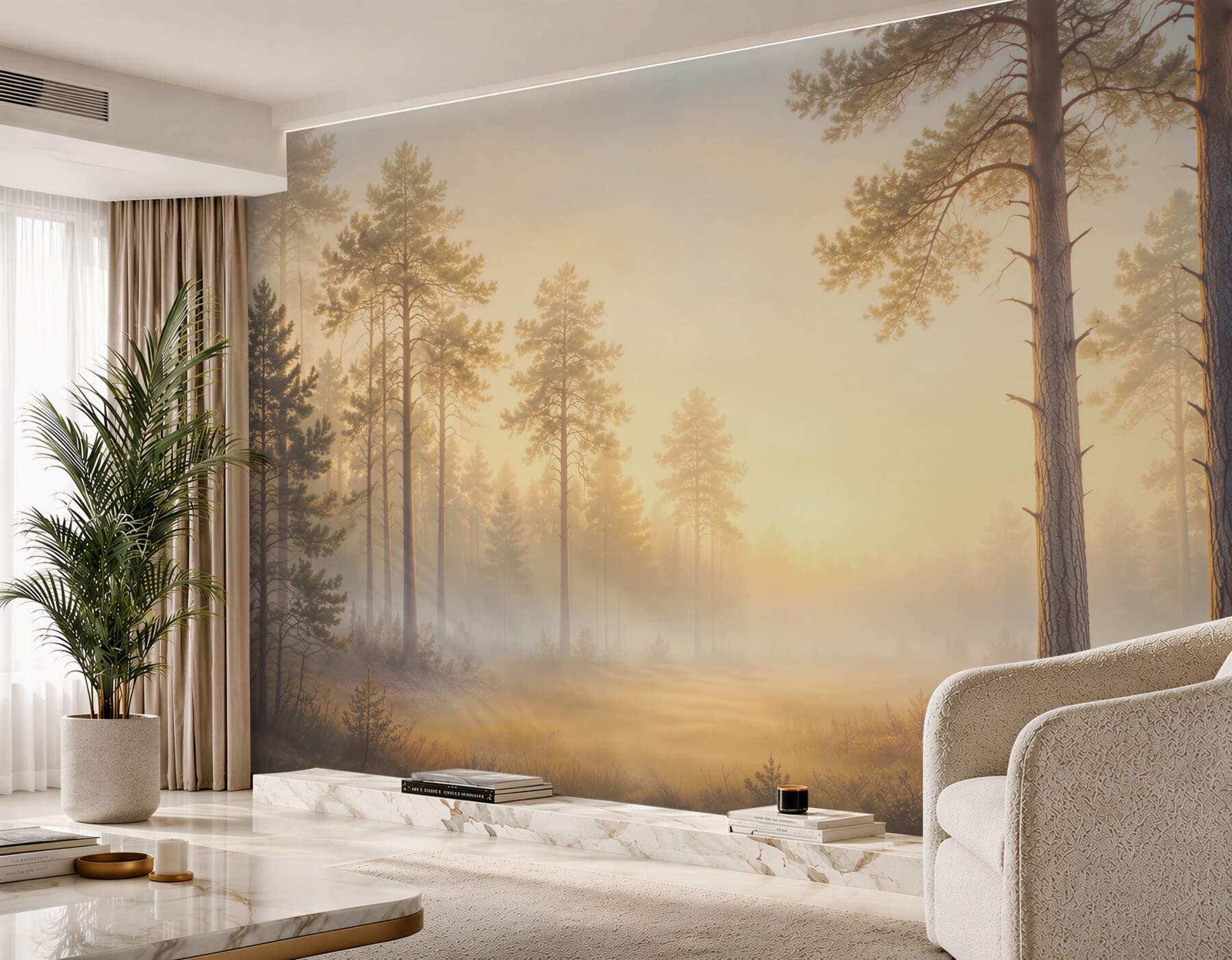 Fototapeta sosnowy las o wschodzie słońca we mgle?v23