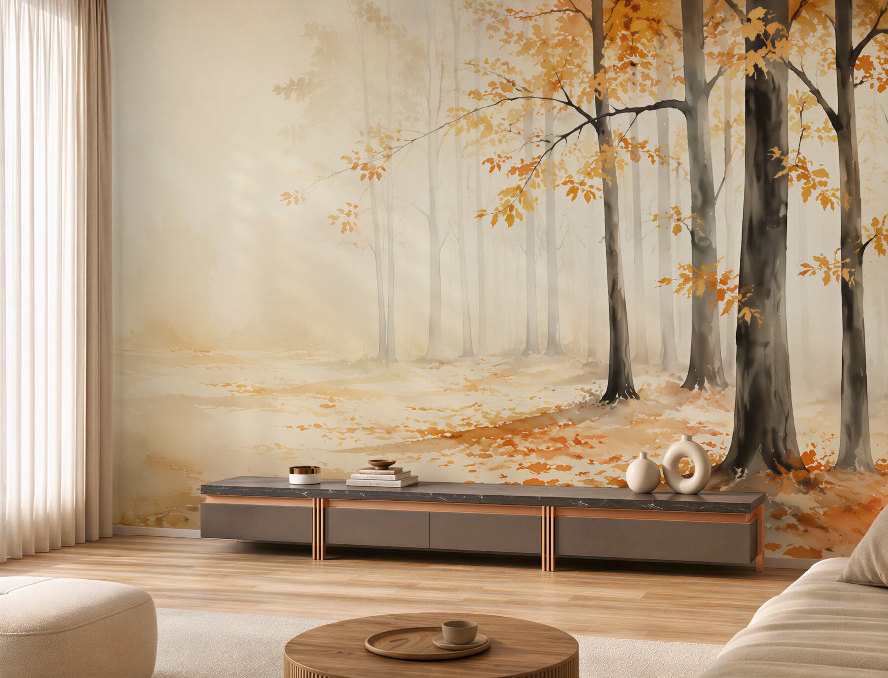 Fototapeta jesienny las we mgle z opadającymi liśćmi?v23