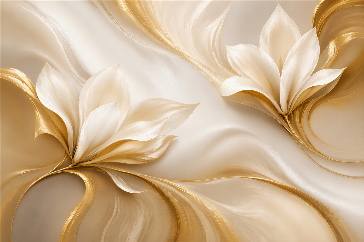 Fototapeta złote kwiaty magnolii 3D na kremowym tle elegancka