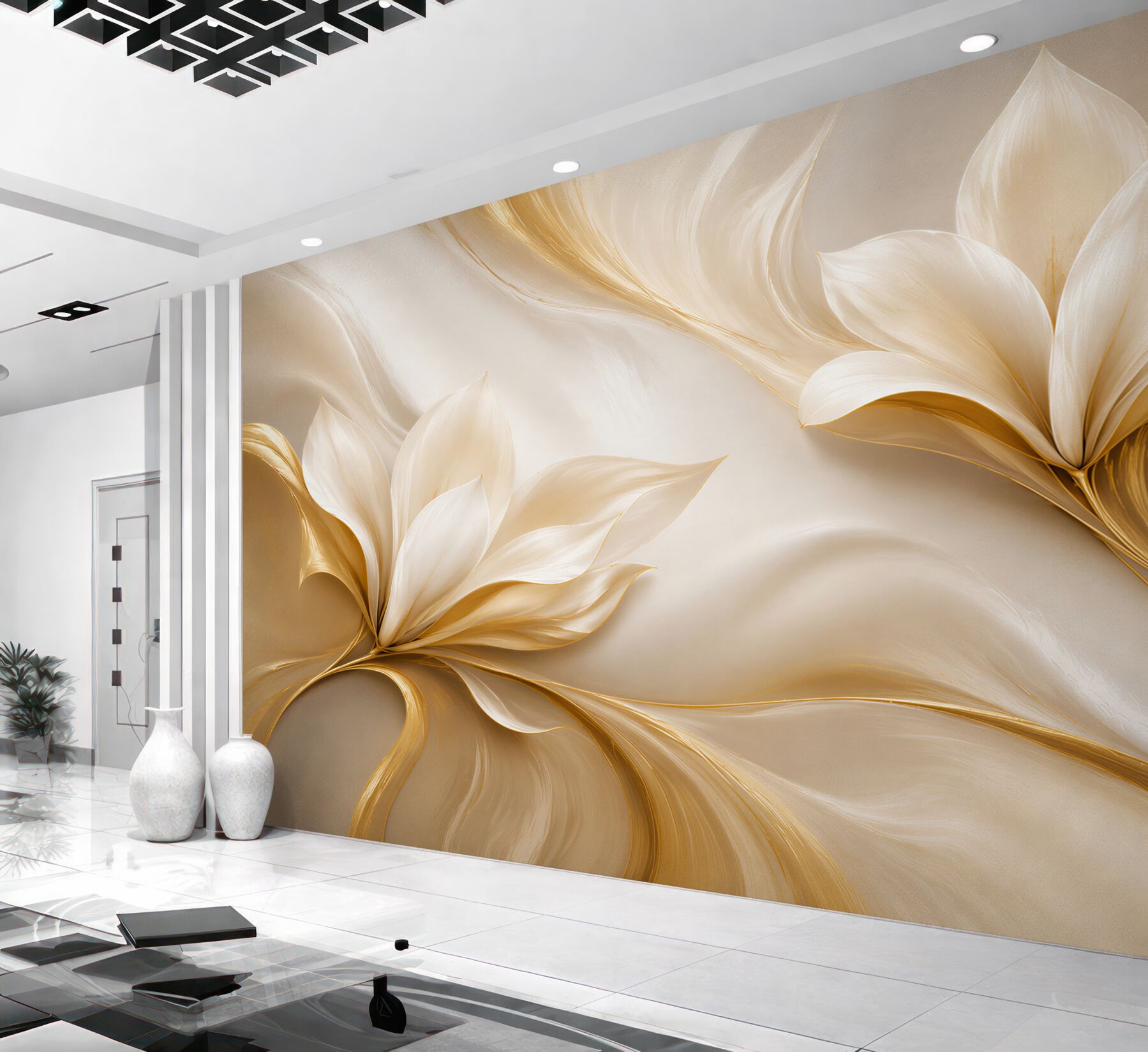 Fototapeta złote kwiaty magnolii 3D na kremowym tle elegancka?v23