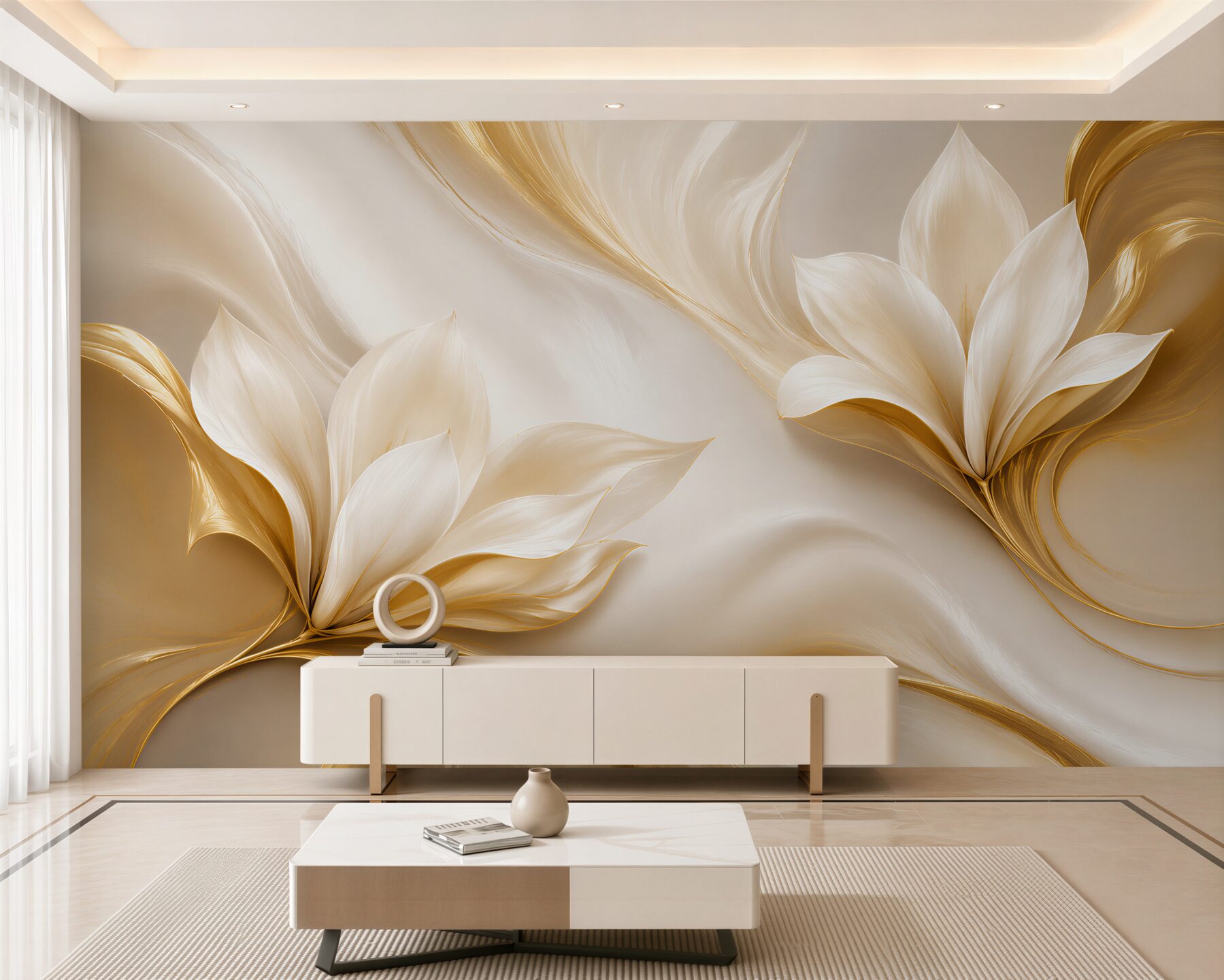 Fototapeta złote kwiaty magnolii 3D na kremowym tle elegancka?v23