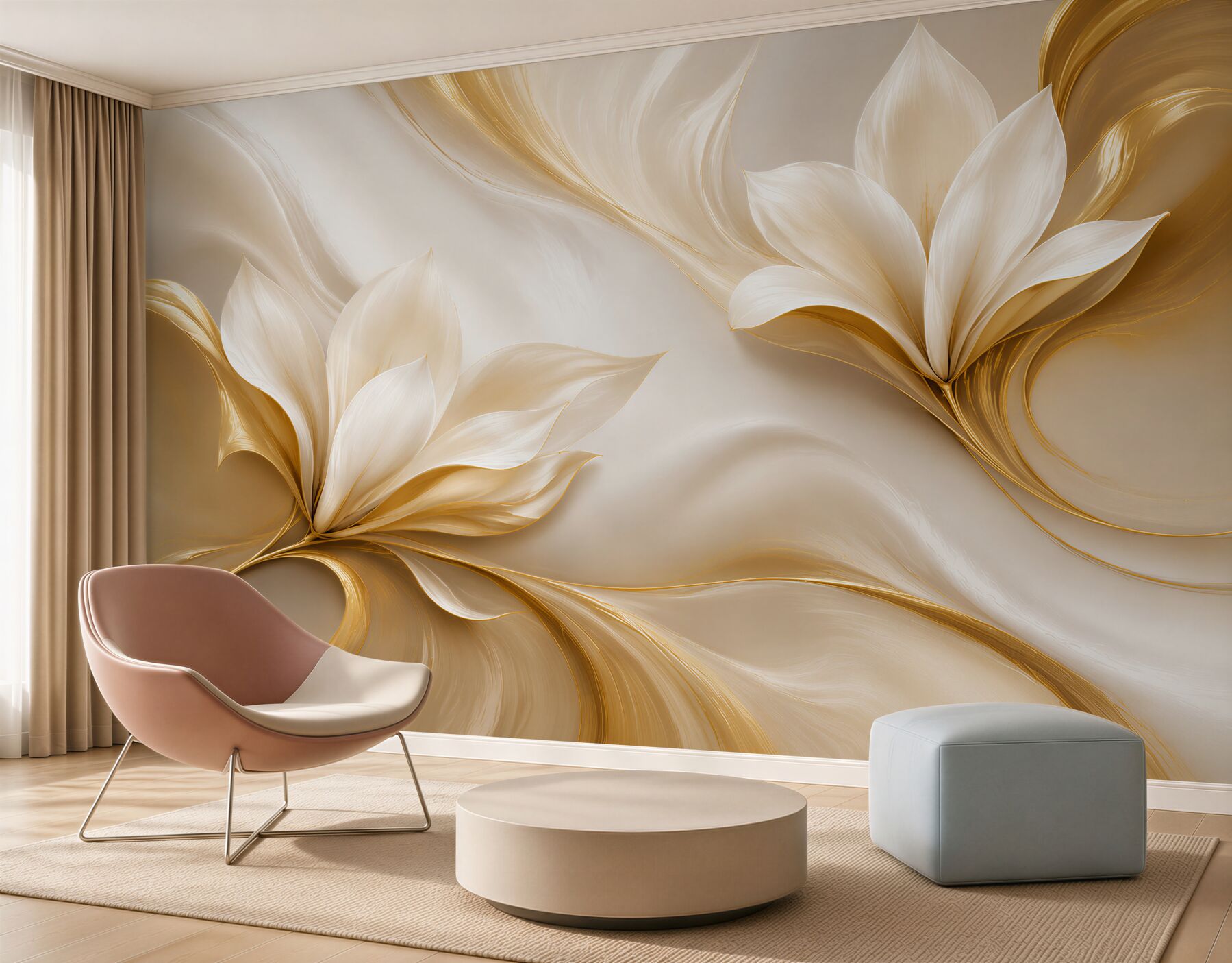 Fototapeta złote kwiaty magnolii 3D na kremowym tle elegancka?v23