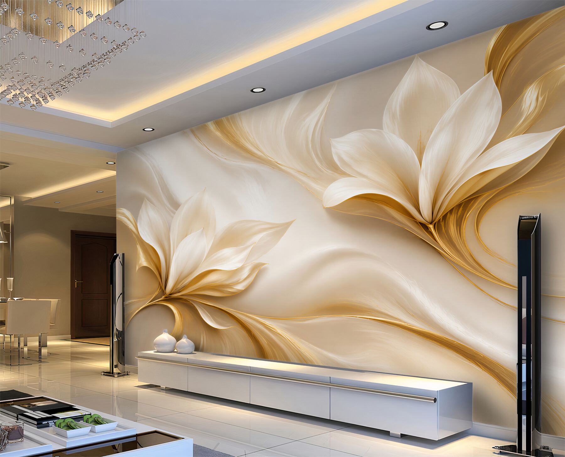 Fototapeta złote kwiaty magnolii 3D na kremowym tle elegancka?v23