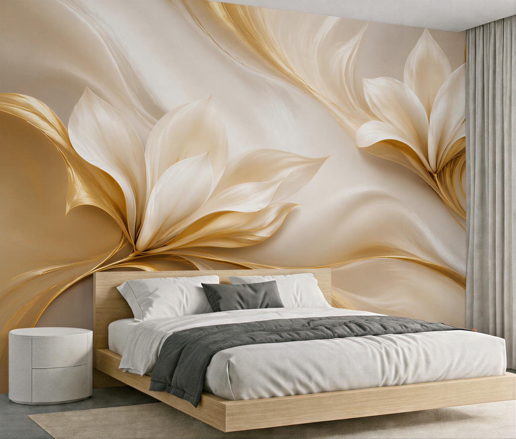 Fototapeta złote kwiaty magnolii 3D na kremowym tle elegancka?v23
