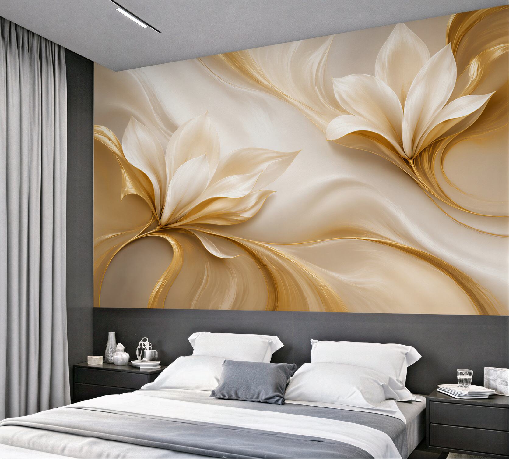 Fototapeta złote kwiaty magnolii 3D na kremowym tle elegancka?v23