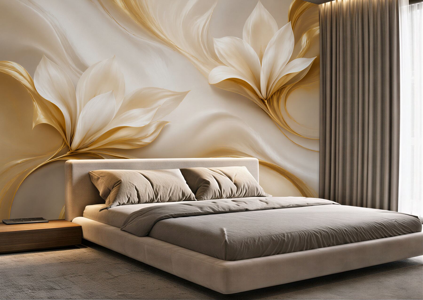 Fototapeta złote kwiaty magnolii 3D na kremowym tle elegancka?v23